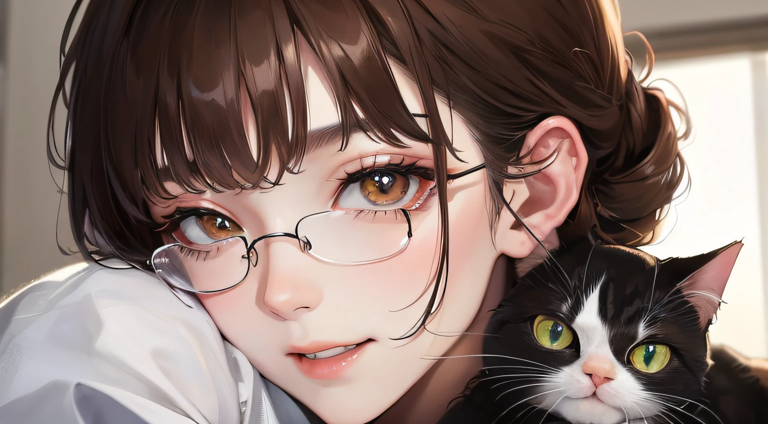 (((1人の女性)))、(Top resolution、Distinct_image) best qualtiy、(((holding cat)))、((sideways Facing))、​masterpiece、ighly detailed、Semi-realistic、Brown hair、eye glass、Braided hairstyle、A smile、bangss、21 years old、Mature、年轻、White blouse、delicated facial features、Facial features、mid-shot、