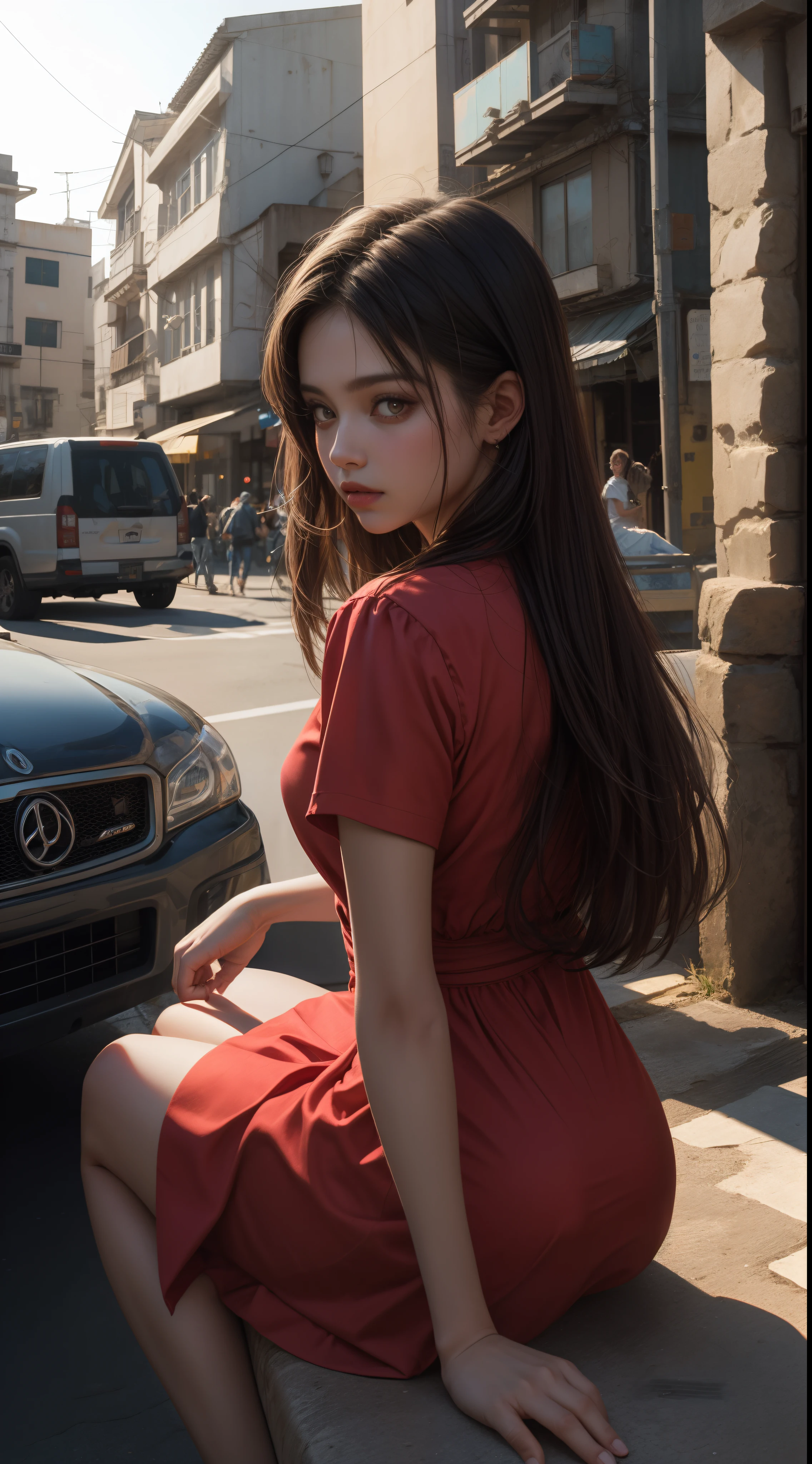 1 Garota de 18 anos loira vestido curto vermelho colado ao corpo rasgado, seios grandes cabelo curto cacheado, rear camera angle, apavorada,em uma cidade a noite neon Sitting behind an 8K RAW wall