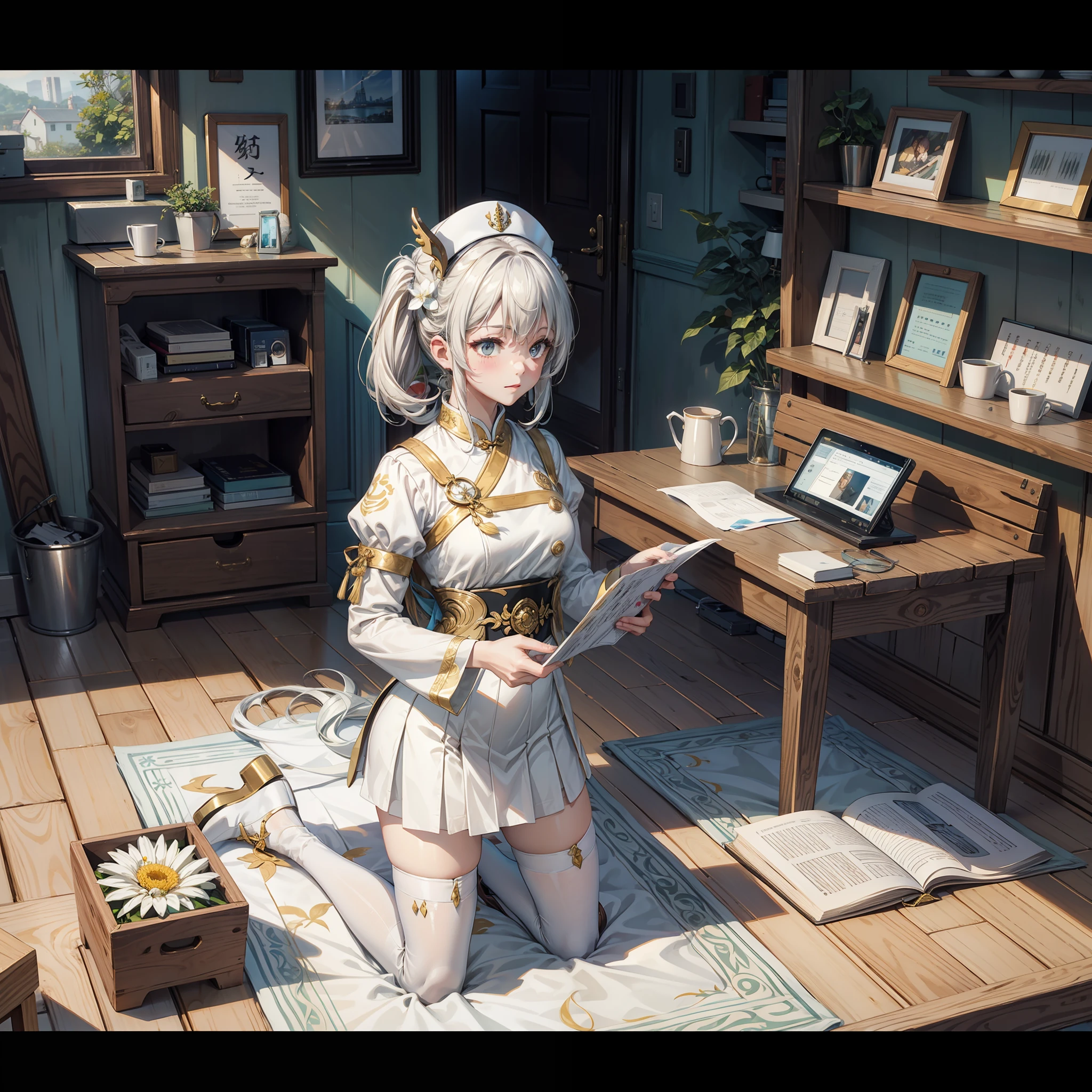 (8K,best qualtiy,tmasterpiece:1.2),(realisticlying,realisticlying:1.2),ultra - detailed,best qualtiy,超高分辨率,profesional lighting,photon maping,Radio City,physically-based renderingt,maidennurse,Wallpapers,Ray traching,(锁链:1.8),rays of sunshine:1.5,There is a gold pattern on the skirt,(white stockings:1.2),((Kneeling pose)),Wooden house,potted,(Modern home)(White heels:1.5)(Book 1 in hand.5)