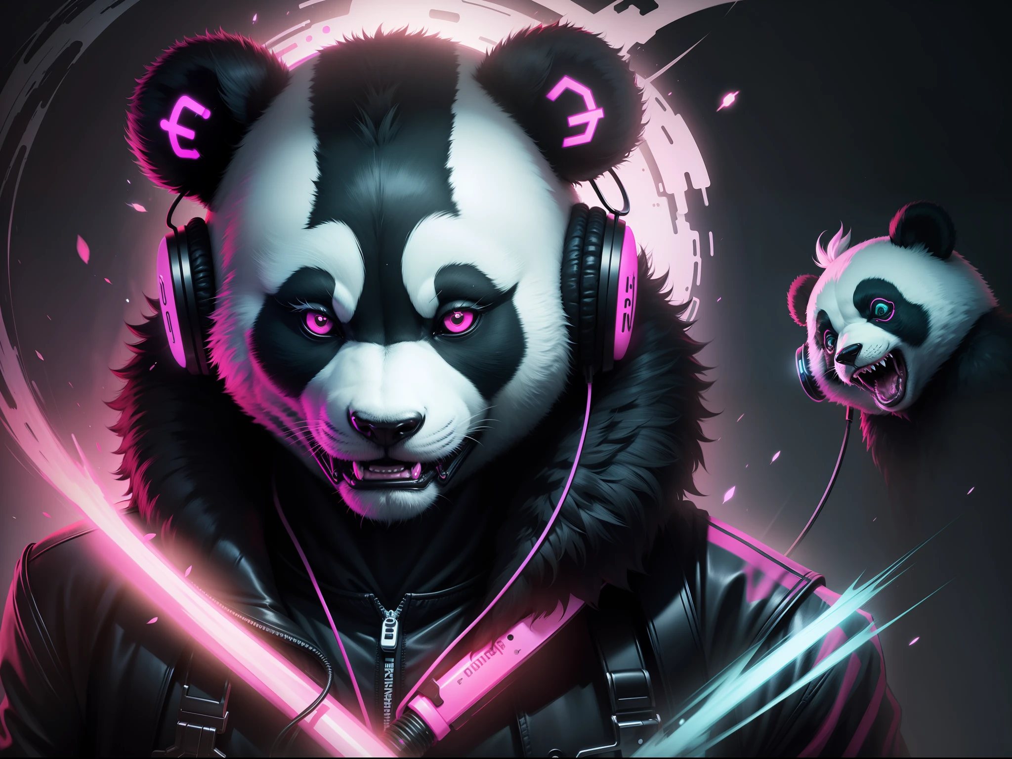 Animal panda neon insane demonic horror with headphone 8k