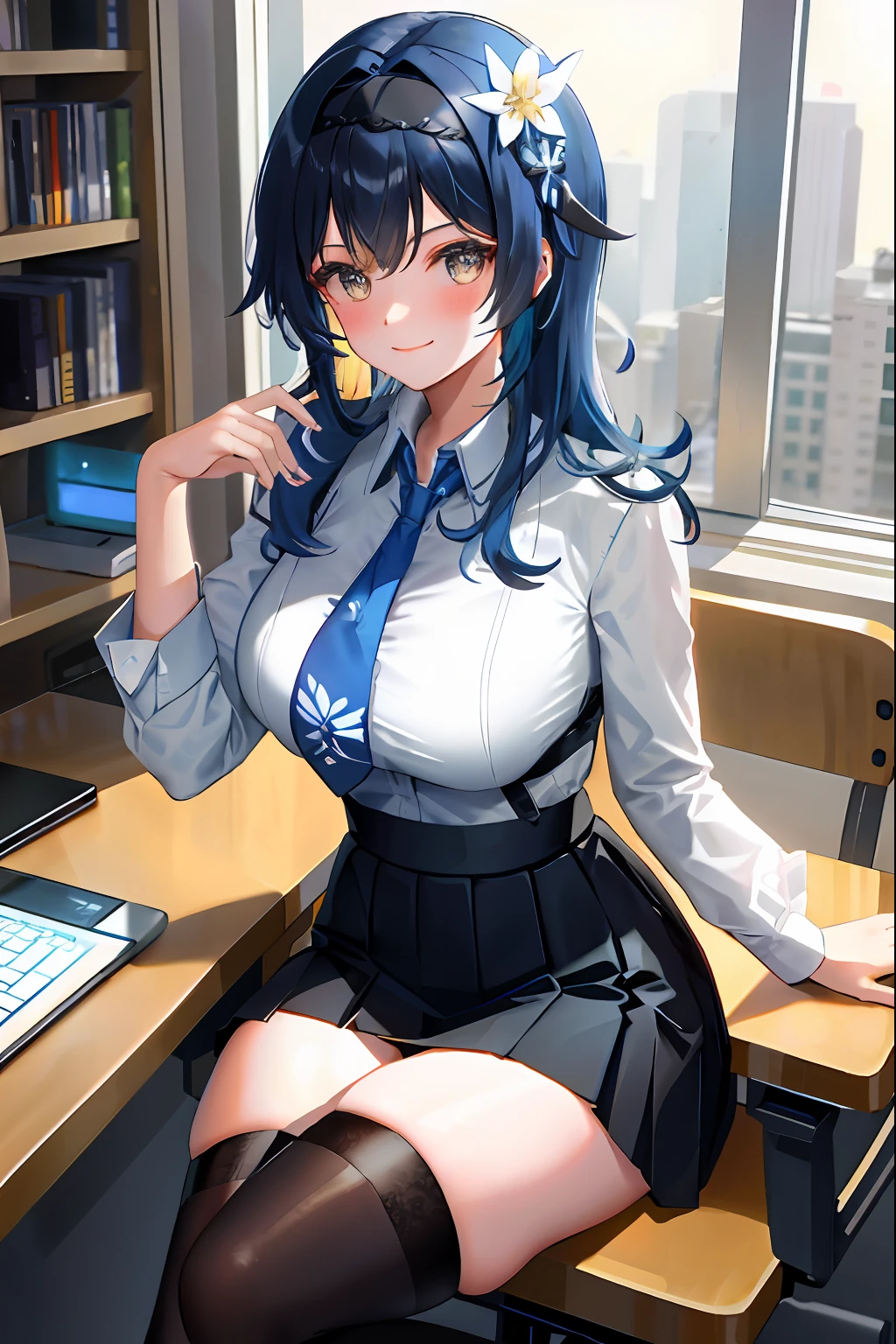 Qiao Yue, 1girll, Solo, ((White shirt)), black thighhigns, Breasts, cleavage, uniform, office backdrop, Black skirt, Pleated skirt, Office, hair between eye, Large breasts, Long hair, view the viewer, Blue hair, Short blue nails, Solo, upper legs, Thighs, Long hair, ((Masterpiece)), Sitting, chair, desk, Computer on desk, name tag, id tag, indoor, golden hairclips, Blush, Sexy pose, Smile,