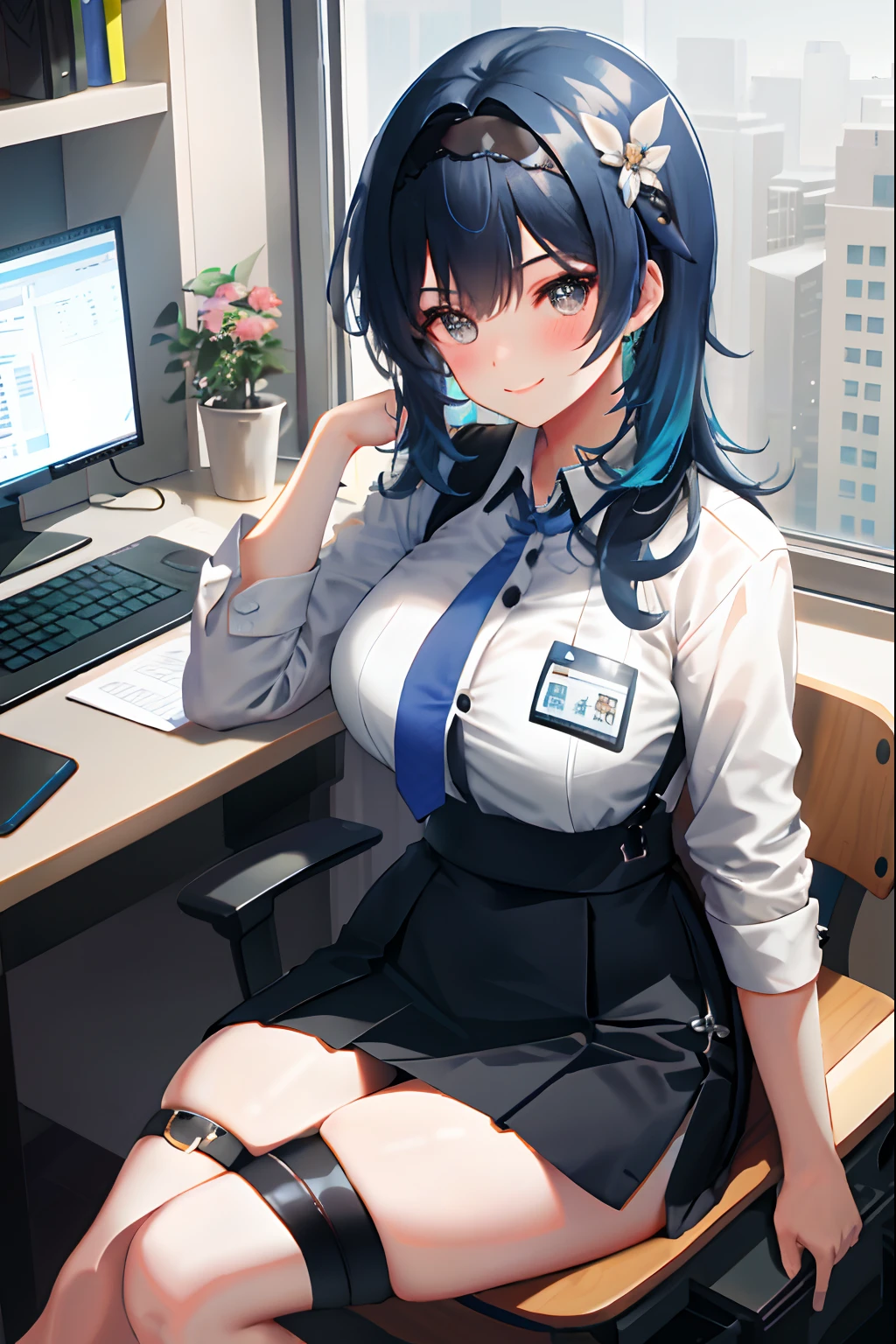 Qiao Yue, 1girll, Solo, ((White shirt)), black thighhigns, Breasts, cleavage, uniform, office backdrop, Black skirt, Pleated skirt, Office, hair between eye, Large breasts, Long hair, view the viewer, Blue hair, Short blue nails, Solo, upper legs, Thighs, Long hair, ((Masterpiece)), Sitting, chair, desk, Computer on desk, name tag, id tag, indoor, golden hairclips, Blush, Sexy pose, Smile,