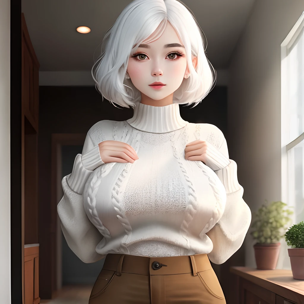 white color hair,White sweater with big breasts brown pants