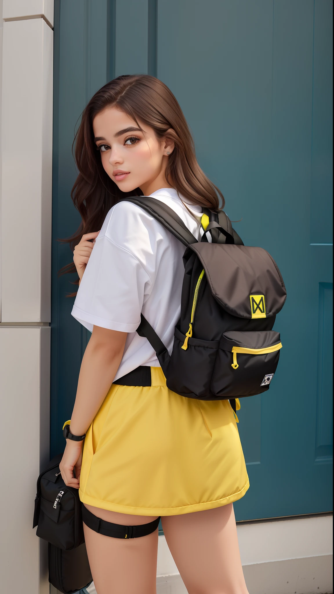 mulher linda arafed de mini saia curta, mini saia curta e apertada, derriere tonificado, with a backpack standing in front of a door, mochila, com uma mochila, uma mulher usando uma mochila, uma mochila, Fotografia de uma mulher techwear, mini saia apertada, mochila escolar, mulher no streetwear, multiple colors, she is wearing streetwear, a mulher tem uma mochila, cores diferentes, with details Colorations fluo, Colouring, dois - tom