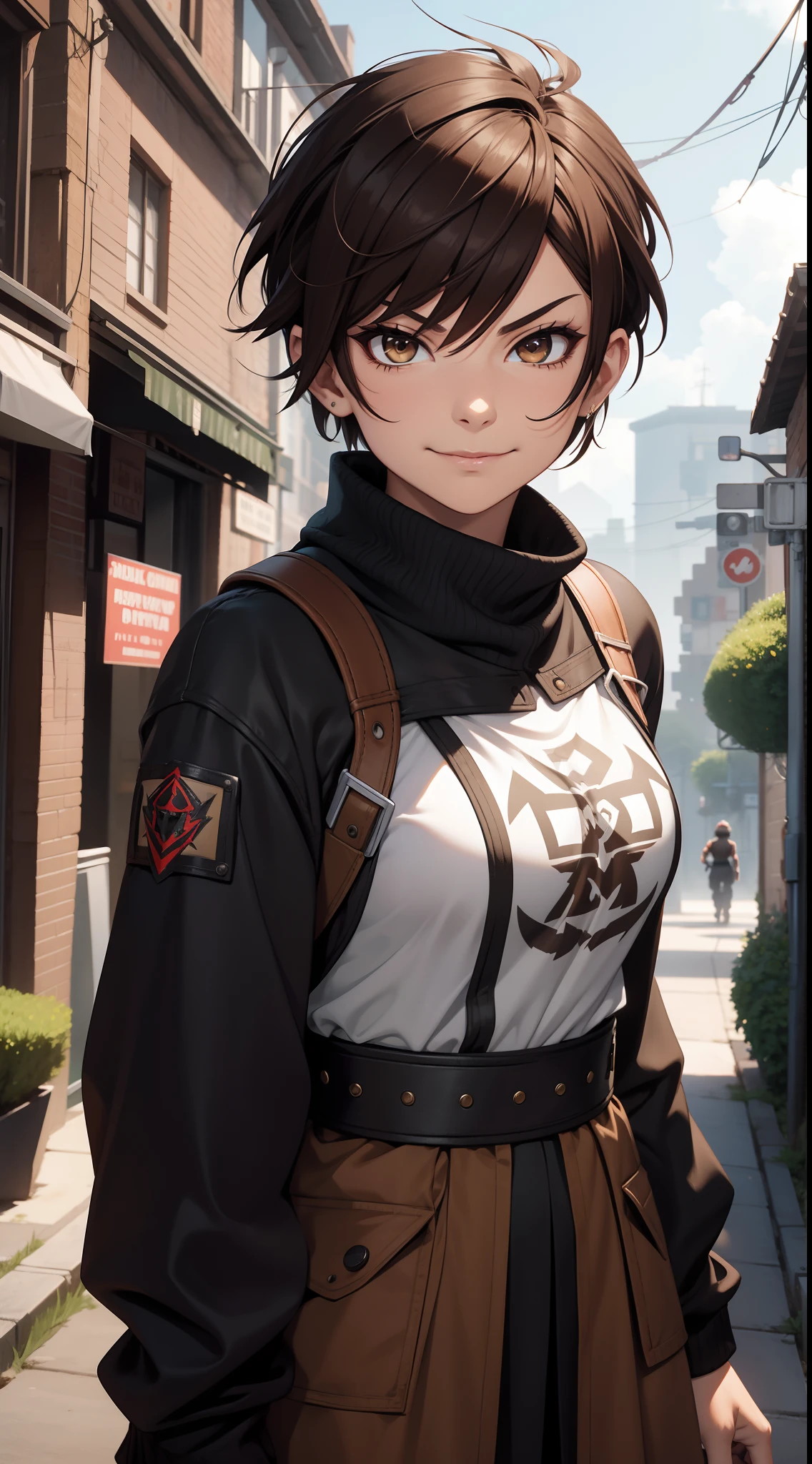 Adult woman, Orc, short brown hair, Punk hairstyle, Brown eyes, ciberpunk, Street Fighting Monk, brawn, smirk, Masterpiece, hiquality