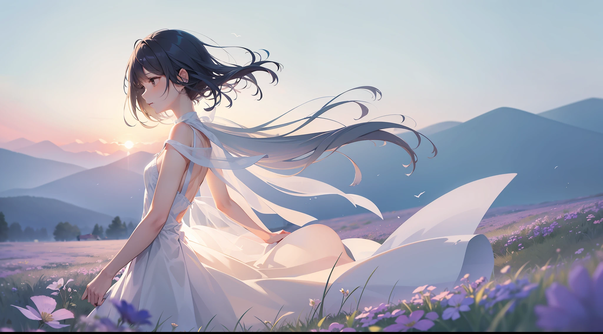 A soft, watercolor backdrop in muted shades of lavender, sky blue, and pale gold represents the early morning sky. Positioned centrally is a delicate silhouette of a lark, its wings outstretched in mid-flight. Below, gentle strokes depict a meadow, with hints of dewdrops glistening on grass and the faintest impressions of dragonflies hovering above. The overall effect is dreamy, ethereal, and deeply calming.