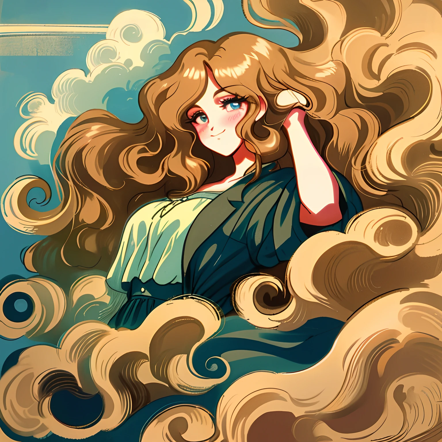 Vintage style, high nose bridge, double eyelids, wink, big wavy long hair