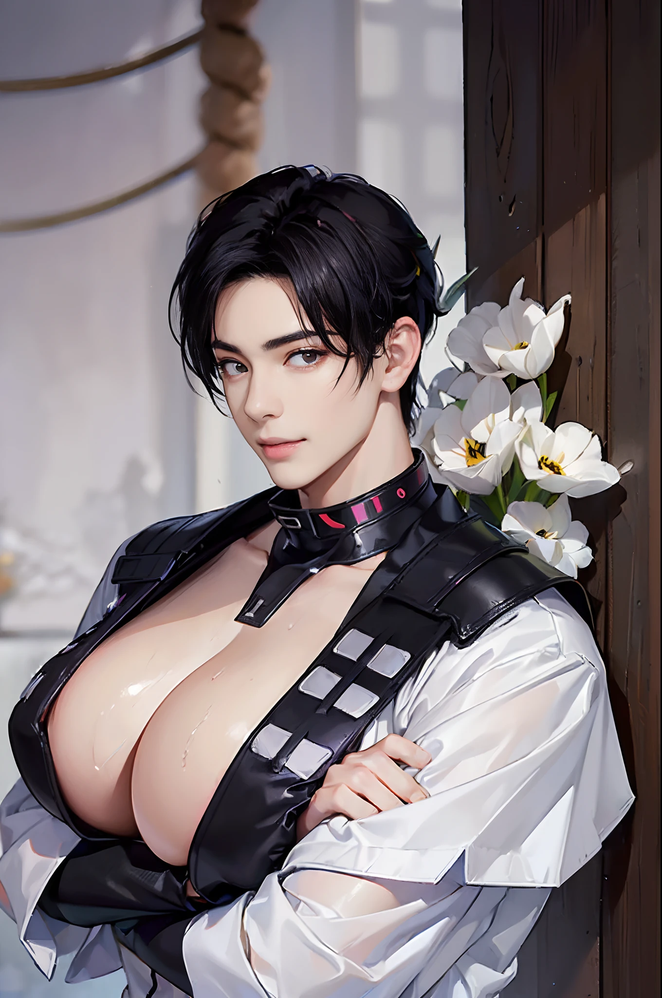 (1 person:1.9), human body shisuit, Hollow and shriveled, beautiful youth teen boy, undercut hair style, (Turn your head and look), (Look at the camera), (Head up), (high quality 16K anime), (tall body), Sweaty and sweaty, Powder blue vapor, Delicate skin, hermaphrodite, twink male body, (((Quiet smiled))), (Photorealism), masterpiece, best quality, portrait, Decent shirt, (Taiwanese super male
emo idol:1.5), (realistic beautiful Asian), close up and soft up to everything, (nice male body shape:1.1), spot light, (super pale skin:1.4), golden make up, sharp focus, detailed anatomy, ultra-wonderful face detail, (((((19 years old))))), white shirt, Hold a brush, with a ultra-cute face of a Japanese-Korean-Taiwanese young idol, (ultra-detailed eyes), (ultra-detailed skin), (super manly hair style), super wet juicy sexy soft lips, soft light, perfect yaoi face, photorealistic, (correct fingers), the light is very bright, hypermaximalist style: realistic, photorealism, photography, (A black cyber collar that tightens the neck:1.9), (Super strong male arms:1.9), (Extremely stout physique:1.9), (A strong male body is merging with him:1.9), ((((((ultra huge breasts)))))), single ponytail, (Beautiful face:1.9), (((wearing a wet white and yellow shirt))), (extremely detailed face:1.9), Placed in the center of the temple), Traceless, Perspectiveal, Sparkle, (30% male head, 70% female head), (fusioned with a plump erotic body), the light is very bright, perfect hands, fox spirit in the body, fox mind controls this body, fox soul in this body, A seductive smile, Slender eyebrows, huge arms,Fusion with Kitagawa Keiko,((Hazy)),(Men pretend to be women), ulzzang hair style, Feminine heavy makeup