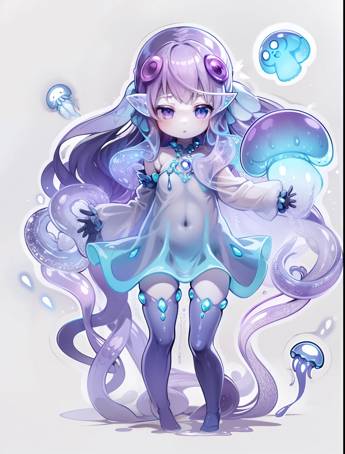 Clione and jellyfish merge with a girl. slime body. The whole body is translucent like jelly. Body lines like wearing a dress. overly long sleeves. tentacles protruding from the sleeves,,,,,,. Female mouth. Her face is covered with a heart-shaped slime mask.、Completely hide your eyes, There are glowing crystals instead. Her chest glows.