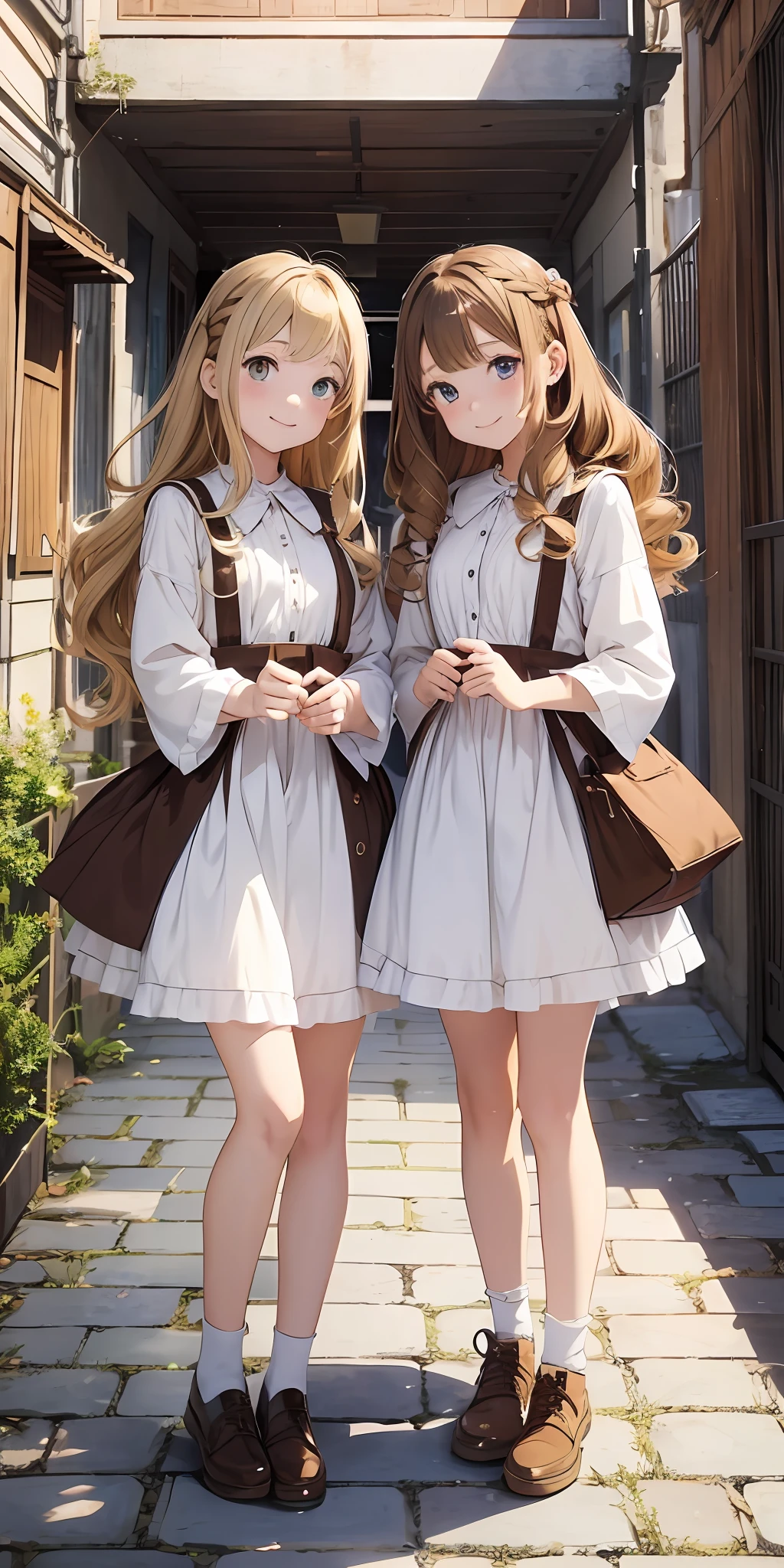 perfect anime illustration, 2girls, twin sisters, identical sisters, brown hair, blonde hair, (1 blonde girl, 1 brown haired girl, different hair colors), curly hair, matching hairstyle, hazel eyes, smiling, ((matching dresses)), matching hairstyles, white background, highres, full body, pose