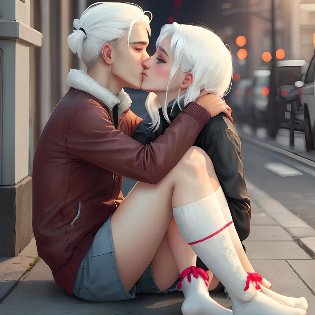 Girl white hair white knee socks kissing