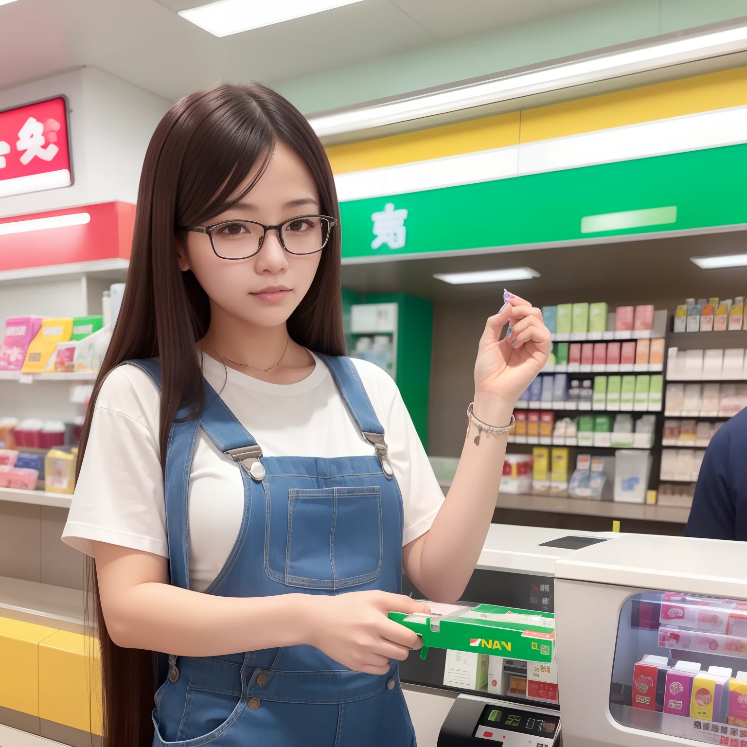 A female clerk at a 7-Eleven convenience store in China,Wear glasses and long hair,wearing overalls,There are 711 on the chest