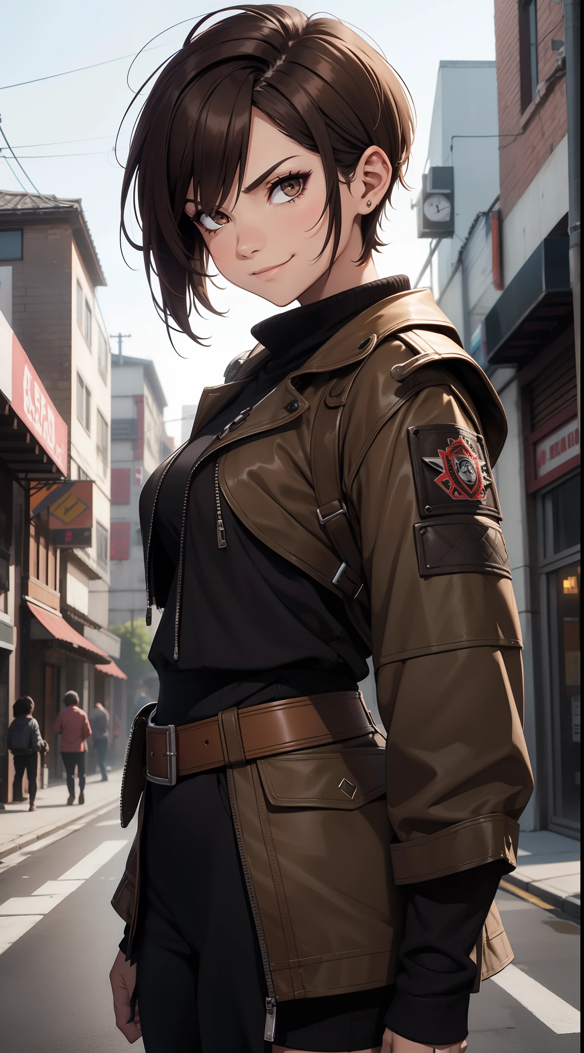 Adult woman, Orc, short brown hair, Punk hairstyle, Brown eyes, ciberpunk, Street Fighting Monk, brawn, smirk, Masterpiece, hiquality
