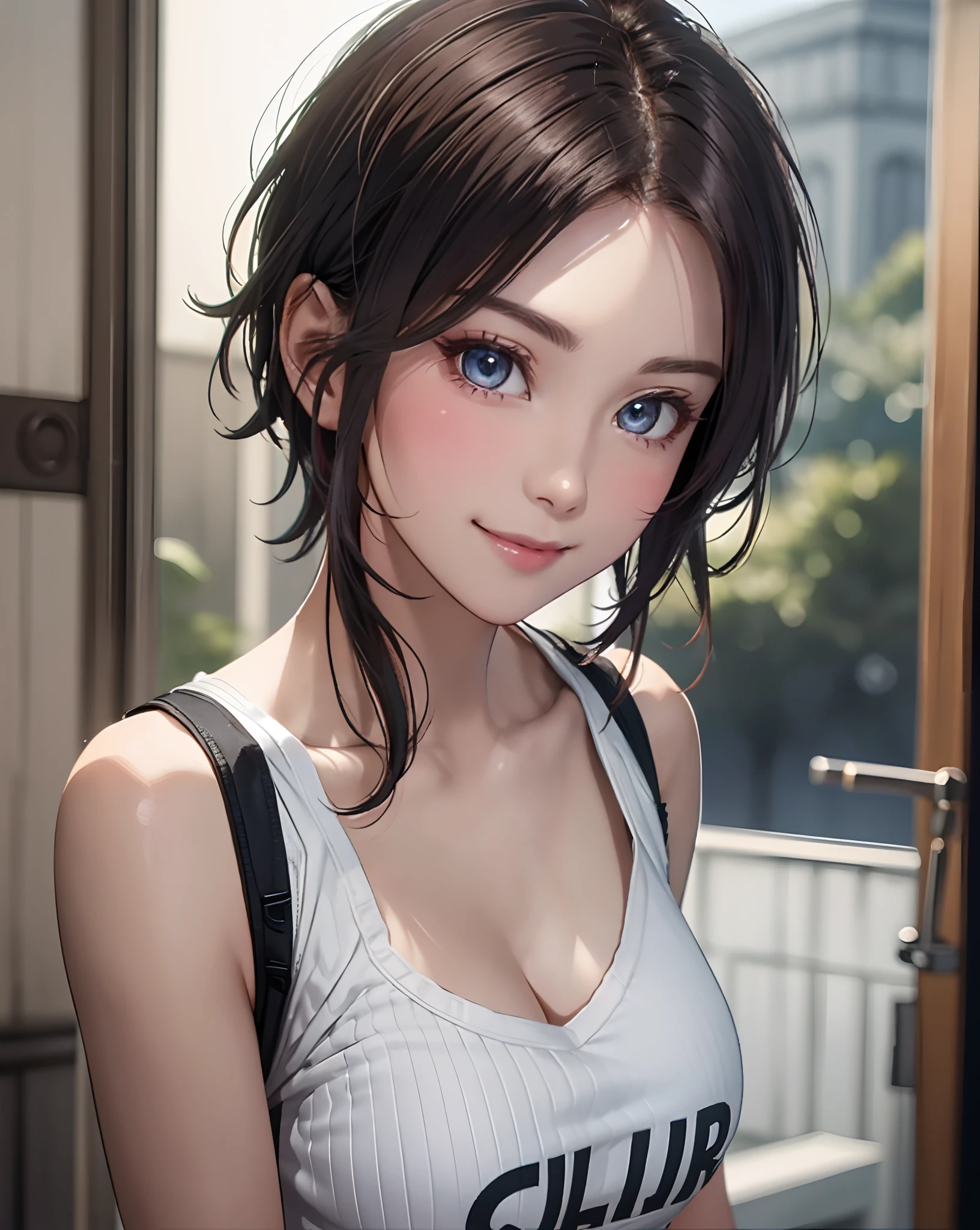 Best Quality, Ultra High Resolution, (Photorealistic: 1.4), Beautiful Eyes, Super Beautiful, Very Short Hair, Beautiful, Sweetheart, T-shirt with Rough Chest, Beautiful Soldier, Eyes That Invite Viewer, Lover's Perspective, Inviting Expression, Sexy Smile, Perfect Style, Perfect Balance, Detailed Skin, Naughty Gaze, Chest Visible