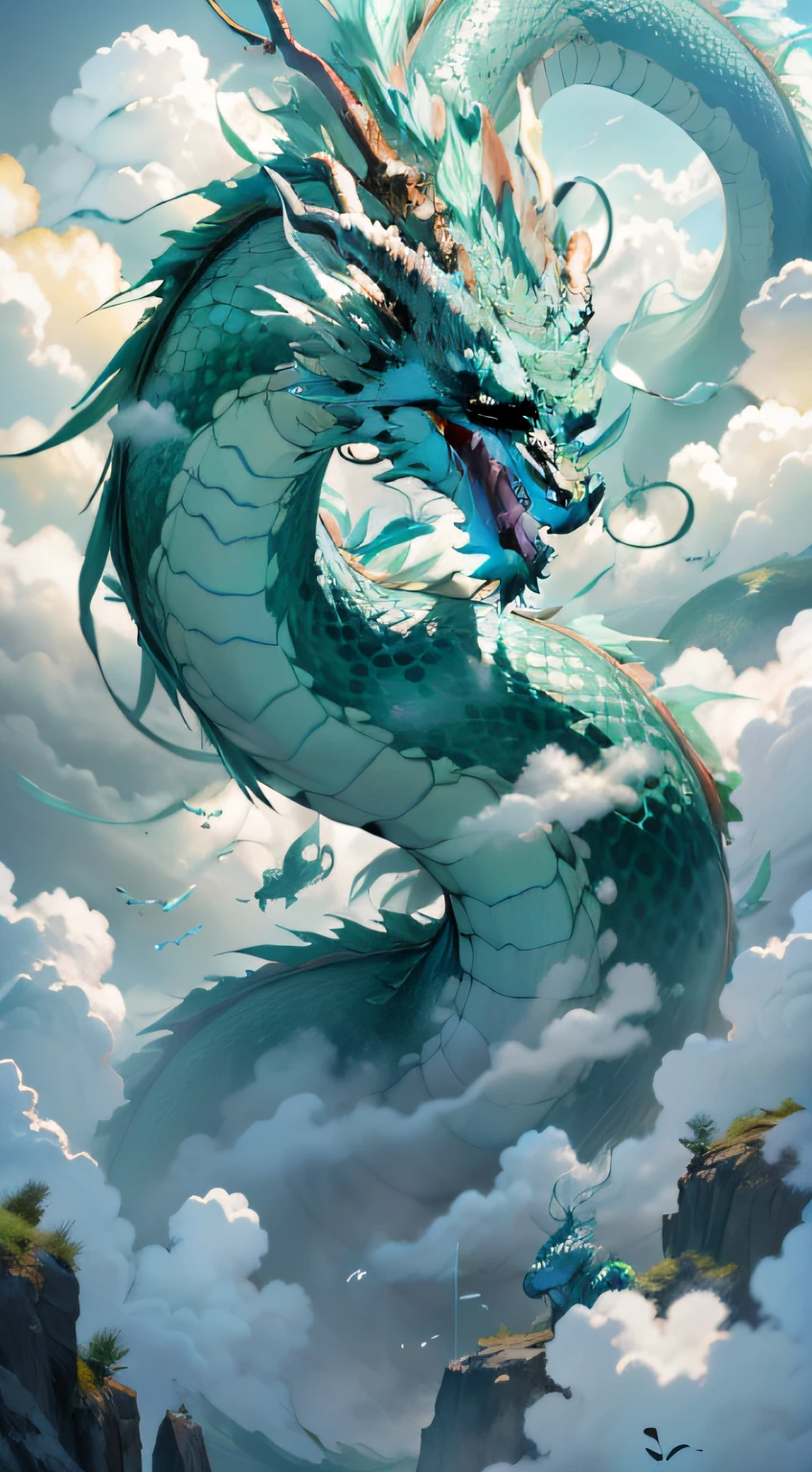 1 green Chinese dragon hovering in the clouds,Open mouth,dentes pontiagudos,Shining horns,The scales are clearly visible,Long body,Stout limbs,Below the clouds is the sea
