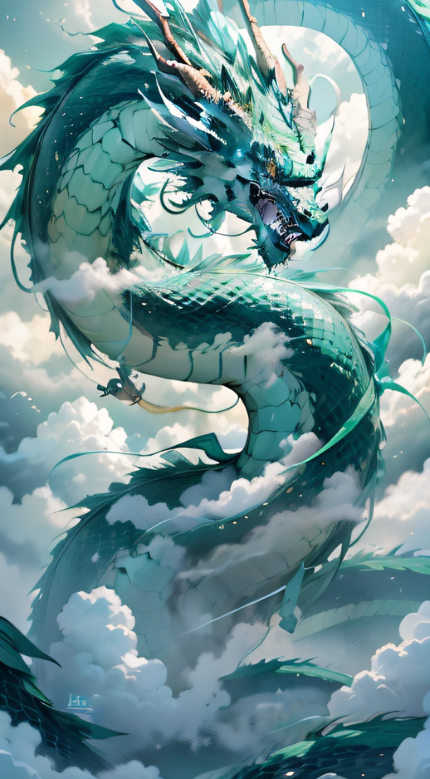 1 green Chinese dragon hovering in the clouds,Open mouth,dentes pontiagudos,Shining horns,The scales are clearly visible,Long body,Stout limbs,Below the clouds is the sea