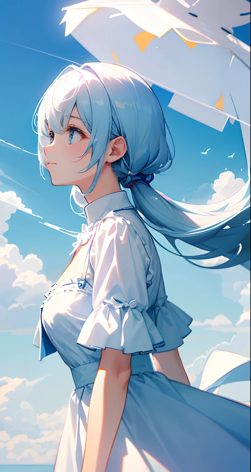 tmasterpiece,best qualtiy,cinematic Film still from,1girl,Floating in the sky,Cloud Girl,clouds,(closeup cleavage:1.1),brightly,cheerfulness,intriguing,gentlesoftlighting,(bauhause,shape,lineworks,abstracted:1.1),full bodyesbian,Short white dress,white short sleeve,Chifeng