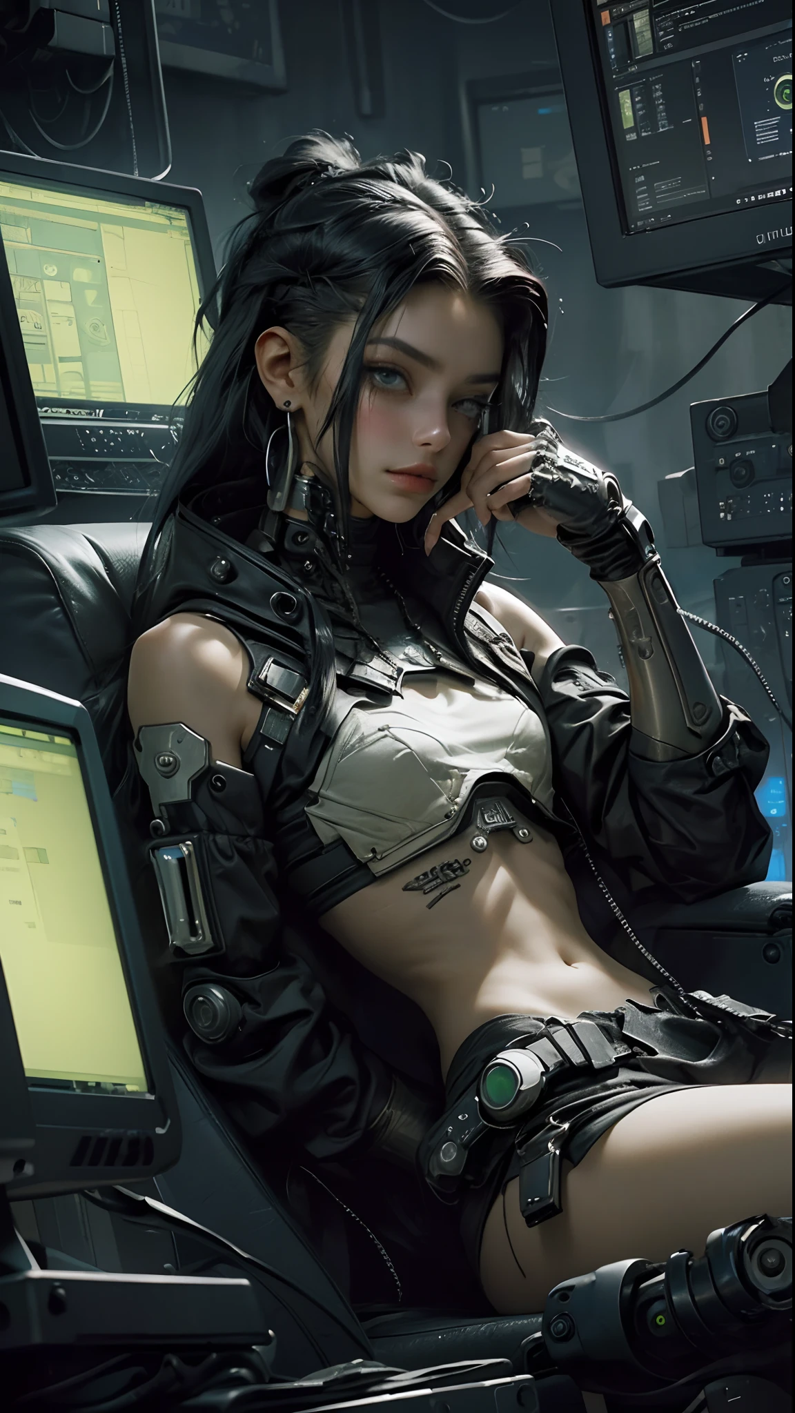 Fotografia ((Melhor qualidade)), ((obra-prima)), (altamente detalhado:1.3), 3D, bela (cyberpunk:1.3) hacker mulher com cabelo volumoso grosso operando um terminal de computador
