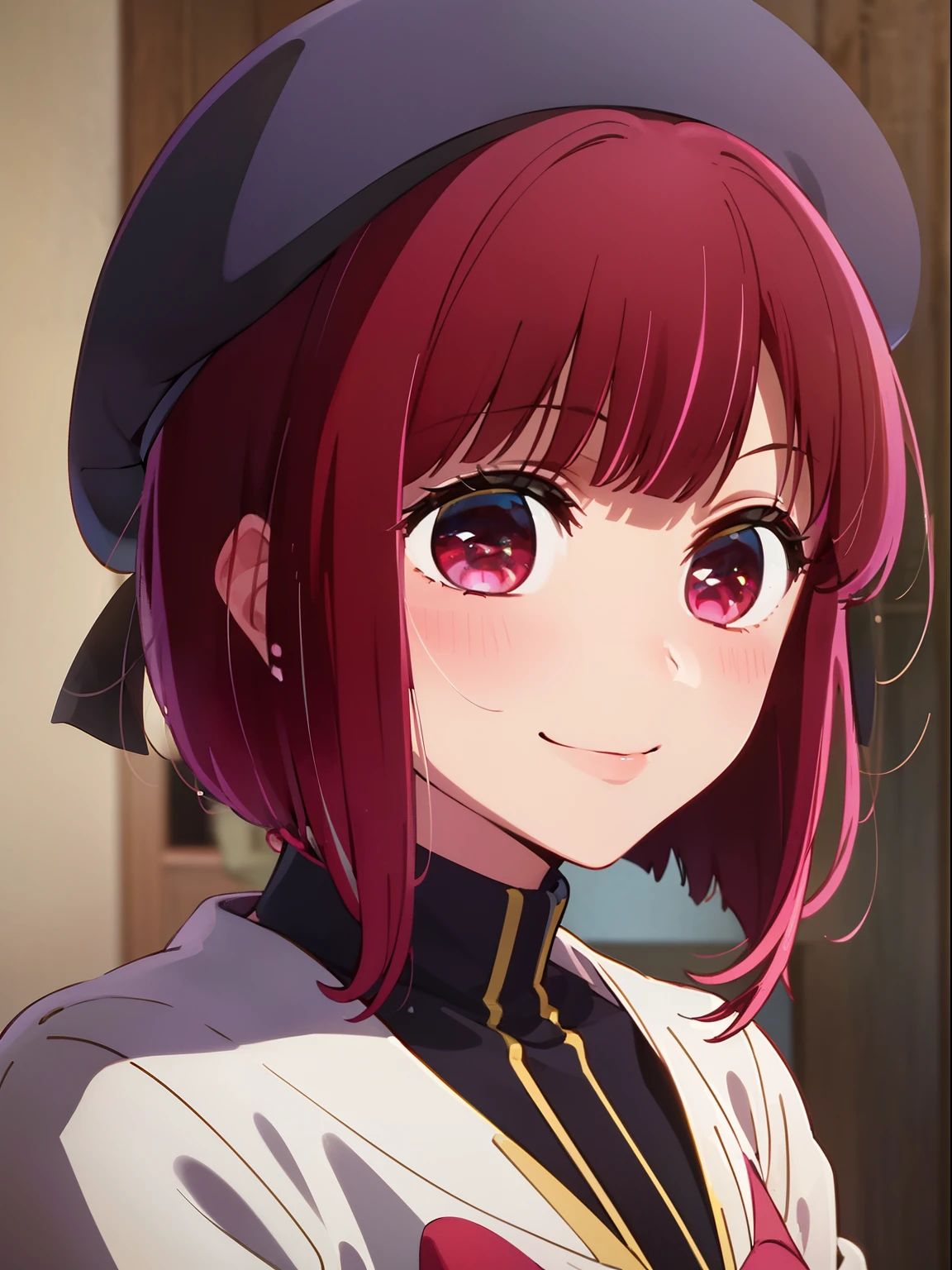 ​masterpiece、ighly detailed、(1 girl in:1.2)、Red hair、Plain clothe、big eye、a closeup、A smile、8K、short-hair、beret、(((anime styled)))、Shining eyes、Open your mouth