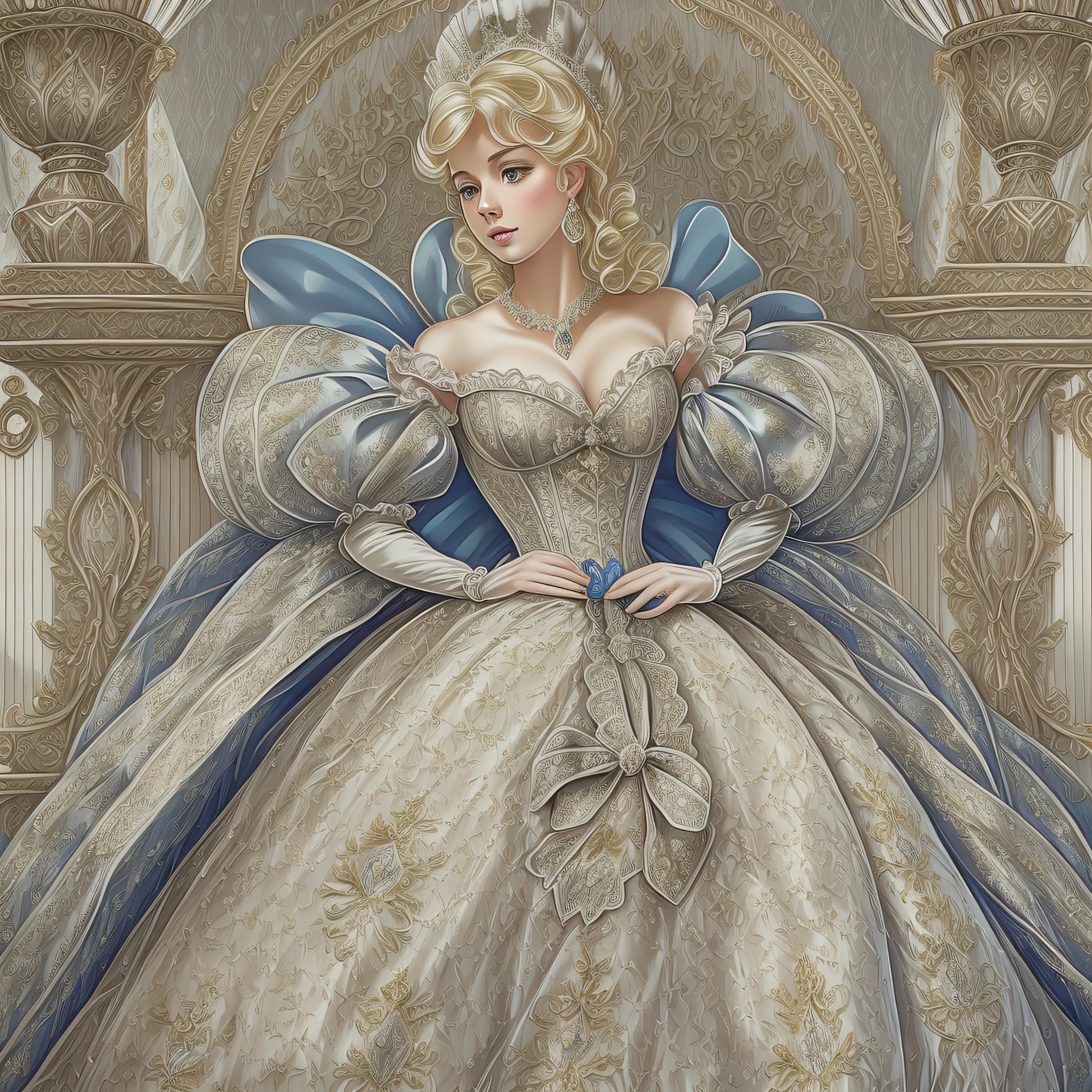 Stunningly beautiful blonde Cinderella in a stately and elaborate Victorian Coronation Gown of Silver Damask adorned with huge ribbon bows, embroidery and jewels, with (((enormous puffed sleeves))), an hourglass waist, and a (((voluminous crinoline hoopskirt))),