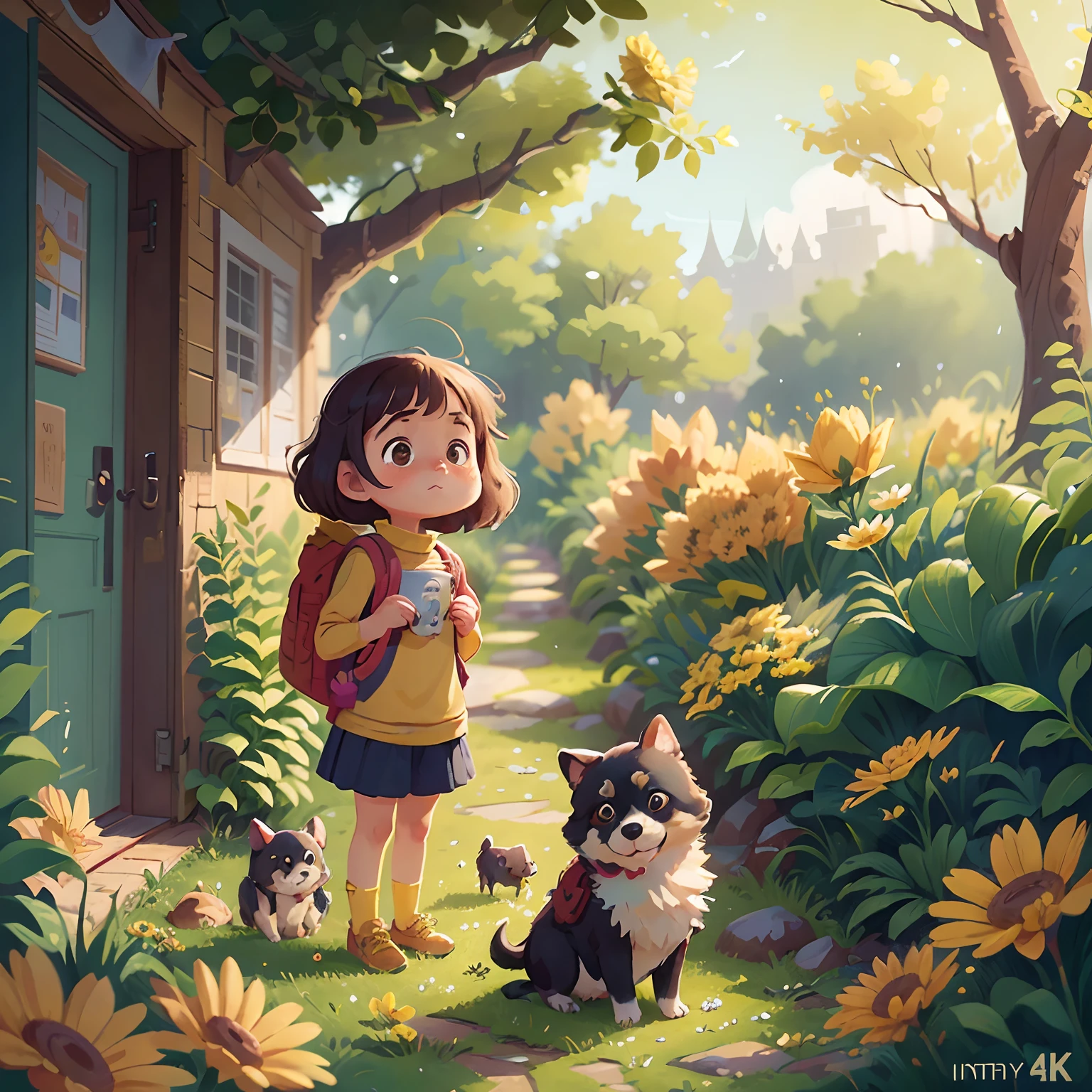Tip: A very charming little girl with a backpack and her adorable puppy enjoying a lovely spring outing surrounded by beautiful yellow flowers and nature. The illustration is a high-definition illustration in 4K resolution with highly detailed facial features and cartoon-style visuals.
