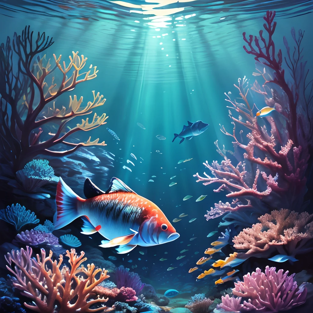Vibrant underwater scene。 A school of colorful fish weaves through the corals,Their scales sparkle in the sunlight。 Use hyper-realistic photos,Capture every detail of fish and corals in 16k high resolution,The natural beauty of the underwater world is displayed。 The light is natural,The effect of the sun's rays on fish and coral。 The colors are bright and varied,This lens uses a Canon EOS 5D Mark IV DSLR camera,EF 50mm f/1.8 STM lenses,Resolution 30.4 megapixels,ISO speed:32,000,Shutter speed 8000 sec. shooting。 Focus Clear,Highlight fish - ar 16:9 --v 5.1