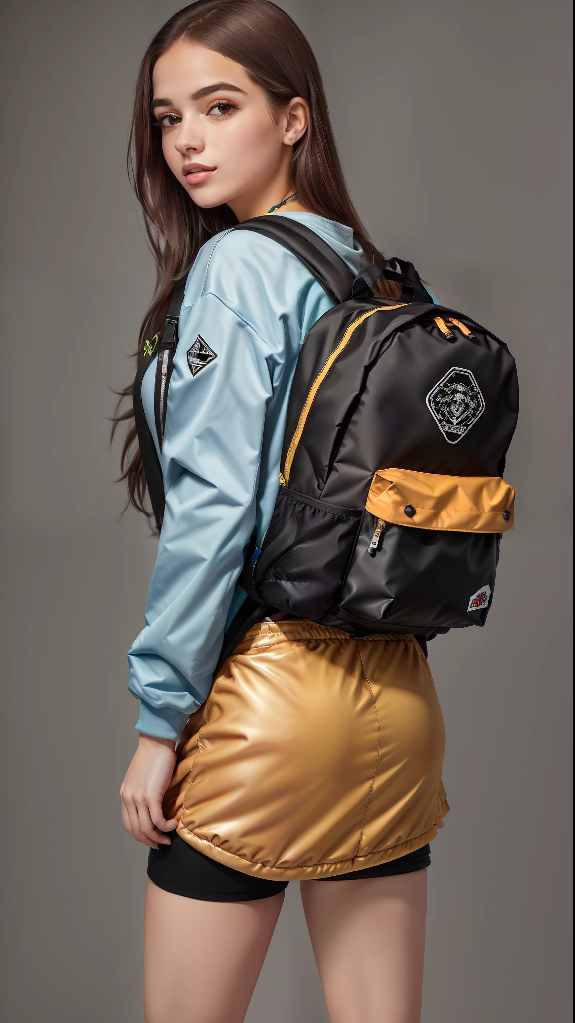 mulher linda arafed de mini saia curta, mini saia curta e apertada, Back from Toned, with a backpack standing in front of a door, mochila, com uma mochila, uma mulher usando uma mochila, uma mochila, Fotografia de uma mulher techwear, mini saia apertada, mochila escolar, mulher no streetwear, multiple colors, she is wearing streetwear, a mulher tem uma mochila, cores diferentes, with details Colorations fluo, Colouring, dois - tom