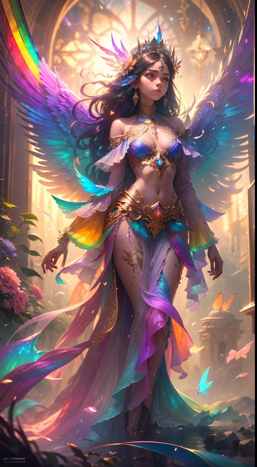 (((masterpiece))), (((best quality))), ((ultra-detailed)),(highly detailed CG illustration), ((an extremely delicate and beautiful)),cinematic light, Create a stunning fantasy artwork that mimics the style of currently trending masters of the genre. The art piece should contain elements of both mythic fantasy and fairytale fantasy with dreamy rainbow accents. ((Utilize the rainbow as the main color scheme.)) The character in the artwork is a delicate but strong petite figure with an aura of mystery and magic and (beautiful translucent rainbow wings). Pay close attention to intricate facial features, such as mesmerizing eyes with vibrant colors and bold shading. The character's clothing should be designed with gossamer feathers, silk, stunning embroidery, and subtle iridescent details. Incorporate (((translucent rainbows))), dreamy colors, dynamic lighting, and detailed background elements to create a sense of awe and immersion. Include colorful flying magical birds and jewel-toned rainbow butterflies radiating a magical aura. Consider the latest trends in fantasy art, such as incorporating unique lighting effects, exploring dynamic and compelling composition techniques, and experimenting with unique color palettes. Take inspiration from the top artists on ArtStation and Midjourney. Camera: Choose an angle that highlights the character's beauty and enhances the magical majesty of the artwork. Lighting: Utilize atmospheric lighting techniques to create depth and mood. Resolution: Aim for a high-resolution artwork to showcase intricate details and clarity. Art Inspirations: Seek inspiration from the trending artists on ArtStation, exploring different styles, genres, and themes.