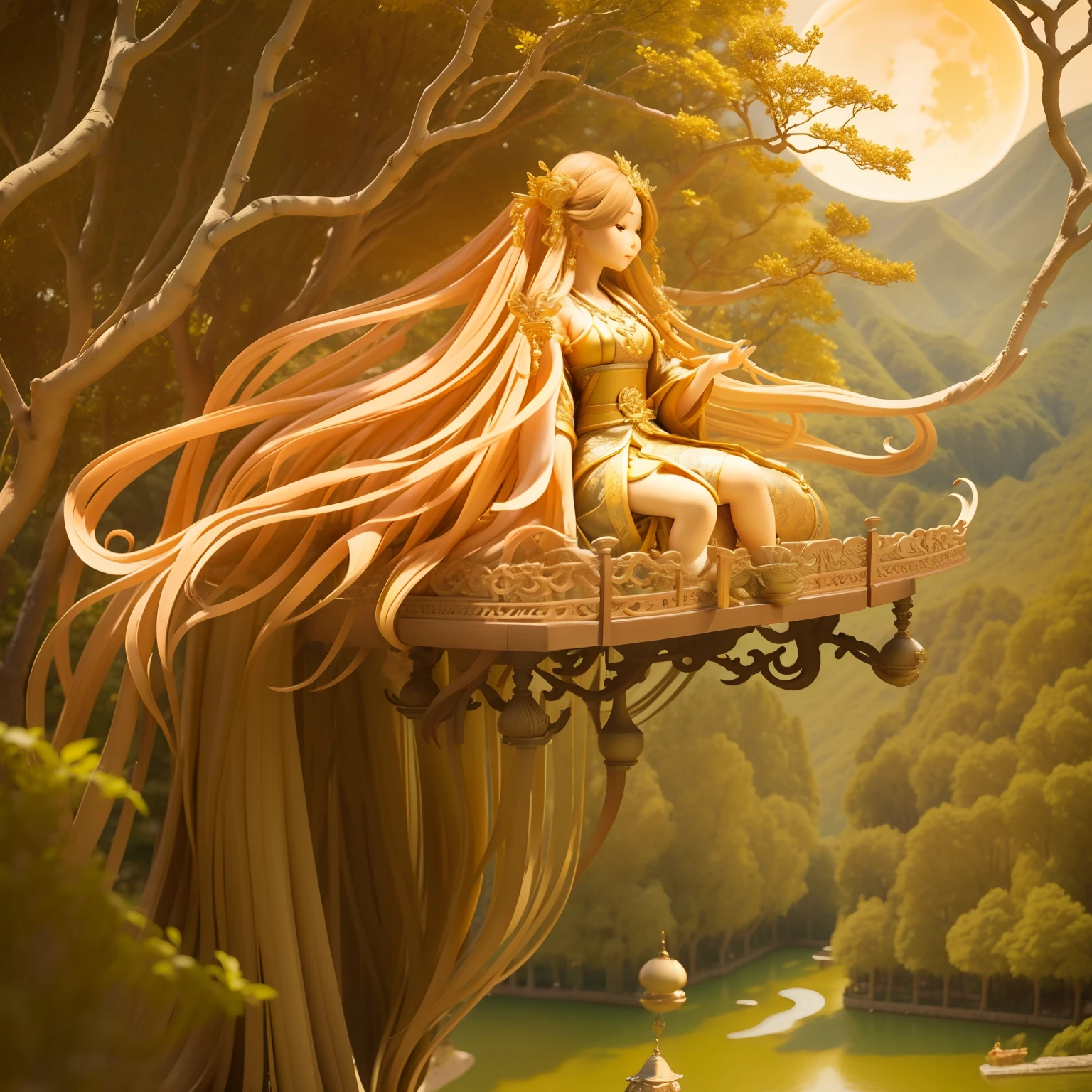 Beautuful Women,Big wavy long hair,Ancient wind,Play the flute,themoon,plane trees,fenghuang
