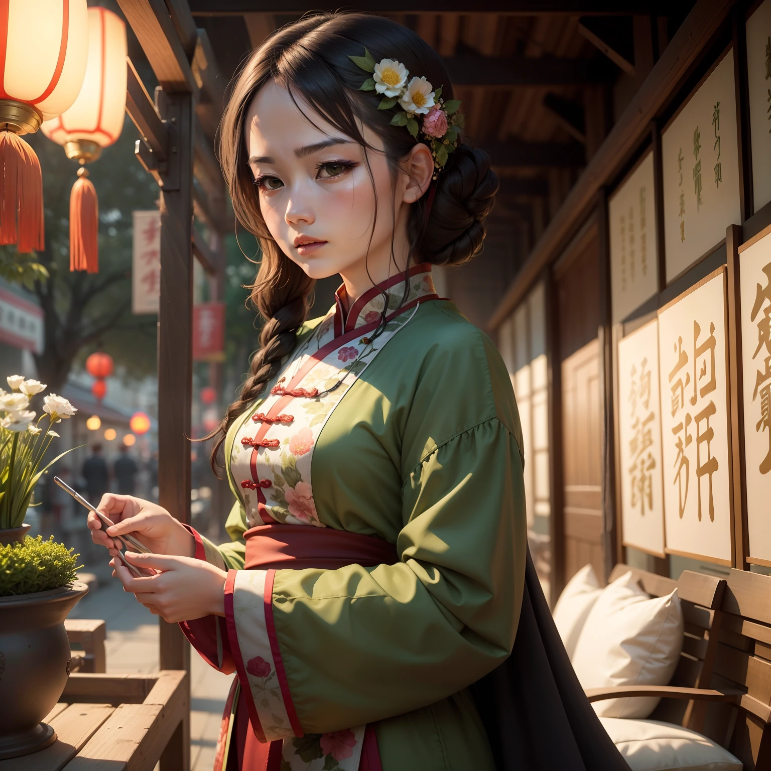 Masterpiece, Best quality, Daytime, Outdoor, Water's Edge, festivity, celebrating, A woman who is, Mature woman, Chinese style, Ancient China, sister, Imperial sister, Cold expression, Expressionless face, Dark brown hair, Green eyes, Single strip of fried dough twisted braid, Coiled hair, Double ball head, Green clothes, Light pink lips, calm, Intellectual, Media distribution, Hairpin, doctor, herbal medicine