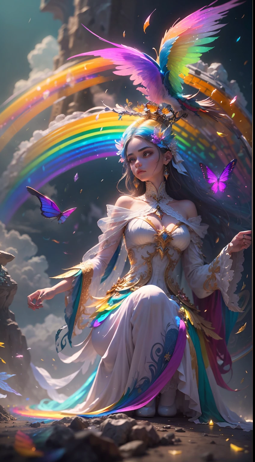 (((masterpiece))), (((best quality))), ((ultra-detailed)),(highly detailed CG illustration), ((an extremely delicate and beautiful)),cinematic light, Create a stunning fantasy artwork that mimics the style of currently trending masters of the genre. The art piece should contain elements of both mythic fantasy and fairytale fantasy with dreamy rainbow accents. ((Utilize the rainbow as the main color scheme.)) The character in the artwork is a delicate but strong petite figure with an aura of mystery and magic and (beautiful translucent rainbow wings). Pay close attention to intricate facial features, such as mesmerizing eyes with vibrant colors and bold shading. The character's clothing should be designed with gossamer feathers, silk, stunning embroidery, and subtle iridescent details. Incorporate (((translucent rainbows))), dreamy colors, dynamic lighting, and detailed background elements to create a sense of awe and immersion. Include colorful flying magical birds and jewel-toned rainbow butterflies radiating a magical aura. Consider the latest trends in fantasy art, such as incorporating unique lighting effects, exploring dynamic and compelling composition techniques, and experimenting with unique color palettes. Take inspiration from the top artists on ArtStation and Midjourney. Camera: Choose an angle that highlights the character's beauty and enhances the magical majesty of the artwork. Lighting: Utilize atmospheric lighting techniques to create depth and mood. Resolution: Aim for a high-resolution artwork to showcase intricate details and clarity. Art Inspirations: Seek inspiration from the trending artists on ArtStation, exploring different styles, genres, and themes.