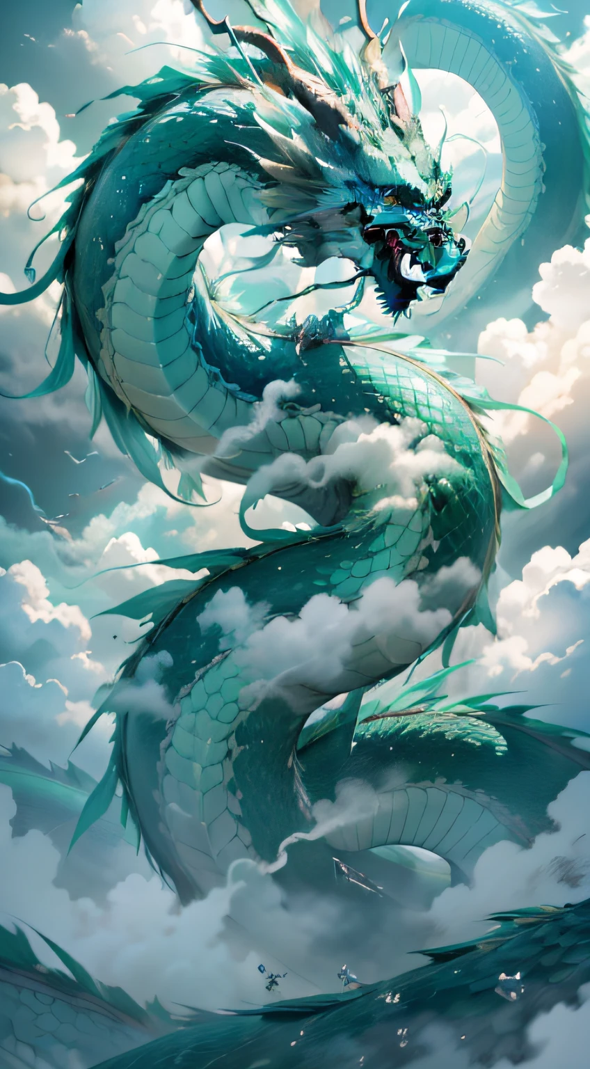 1 green Chinese dragon hovering in the clouds,Open mouth,dentes pontiagudos,Shining horns,The scales are clearly visible,Long body,Stout limbs,Below the clouds is the sea
