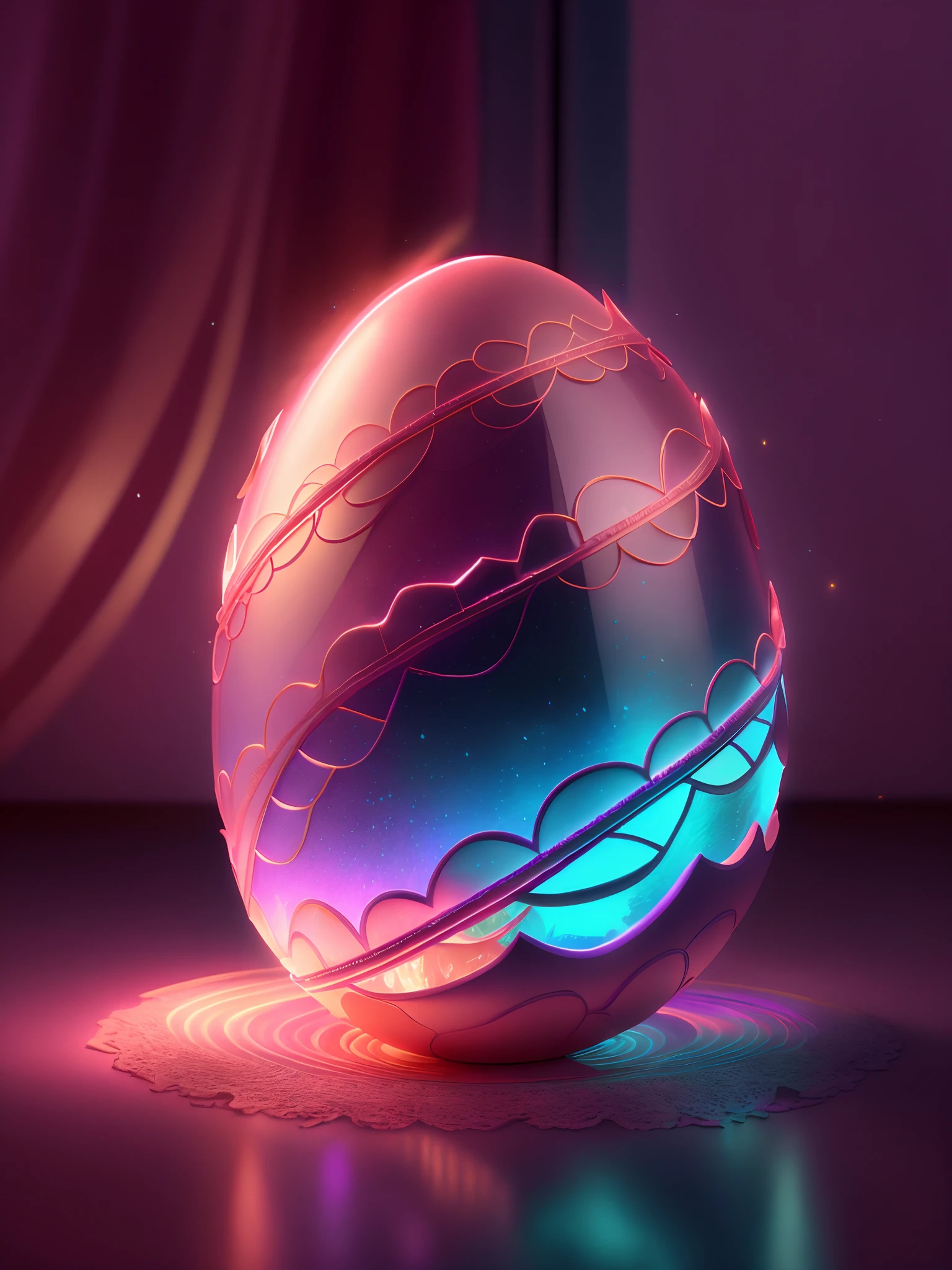 Efecto Shatter en After Effects,,Soft 3D opaque intricately carved bright ivory cracked broken shell egg in a dimly lit room, con una luz rosa muy suave que emana de debajo del huevo, zarcillos de vid en espiral brillantes de color naranja rosado que abarcan el huevo amorosamente como si estuviera vivo, fotorrealista, detallado, realista, alta calidad, Background thunderstorms, detallado, realista, 8k UHD, alta calidad, BARBIECORE.  MAGIC, FANTASY, PINK, VIOLET, GOLD PALETTE