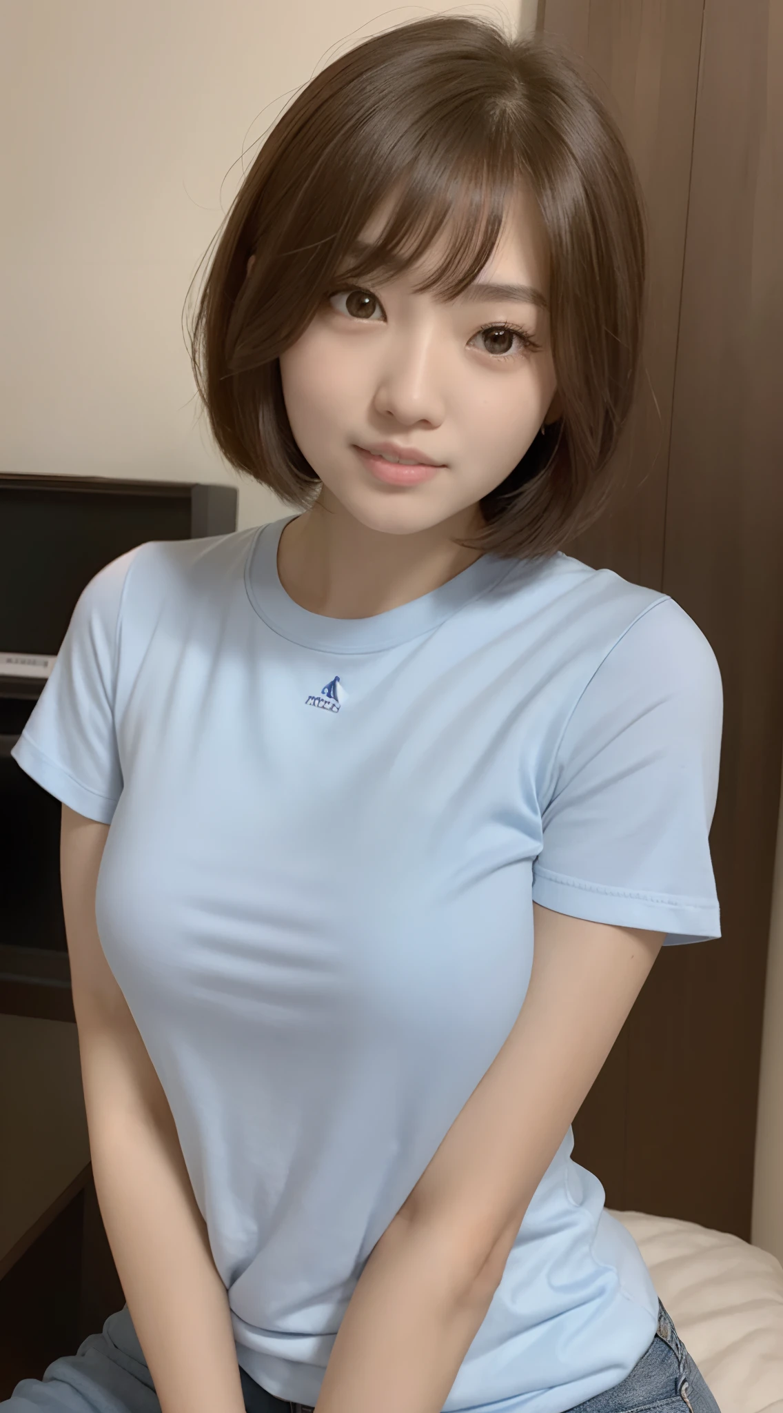 arafed asian woman in a blue shirt posing for a picture, blue tight tshirt, with short hair, gorgeous young korean woman, reluvy5213, young adorable korean face, korean girl, wan adorable korean face, taken with canon eos 5 d, taken with canon eos 5 d mark iv, clear lips and high quality, beautiful young korean woman