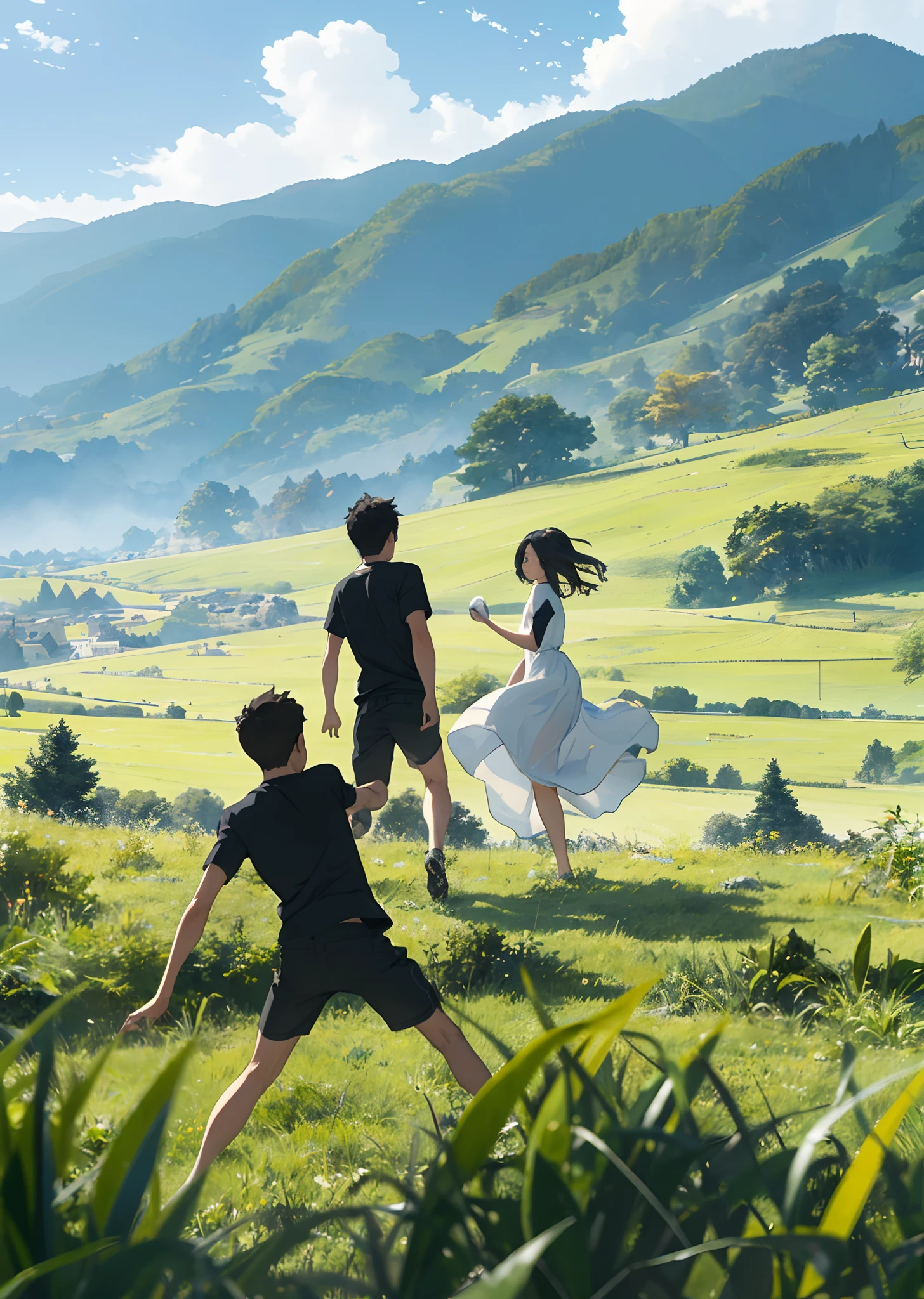 On a vast grassland，A young man and woman play in the hills，The girl sways in the wind in a long white dress，The boy wears an open black shirt and black shorts