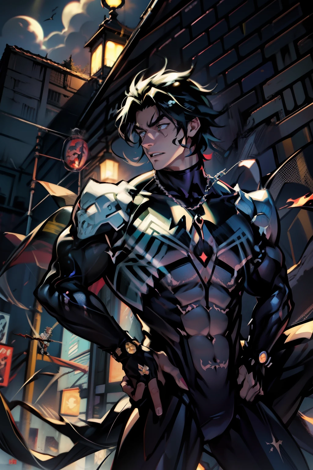 《the original god》Arataki Kazuto , male people, chest muscle, Sexy , Venom symbiote for your body, Black mucus of the body , into venom, venomize,Black bodysuit,(Cloak),Red cape,Abs,(Adult male)((Venom possession,venom symbiote)),over-Tortoise Man,Battle damage,((Masterpiece)), ((Best quality)), Ultra detailed,((illustration)), Dynamic Angle, Detailed light, (Delicate eyes), Floating, 1boy, Male focus, Head, Clothing, Yellow eyes, necklace, tattoo, (Forehead:0.8), (ahoge:0.8), jewelry, brunette color hair,apathy,Ray, chest muscle, Sexy , Venom symbiote for your body, Black mucus of the body , (into venom), Venom,frontage,Bust photo,White tight-fitting top,spiderman outfit,style of anime4 K, 4K anime wallpaper, Badass anime 8 K, 4 k comic wallpaper, young anime man, Anime boys, Anime wallpapers 4 k, Anime wallpaper 4K, High quality anime art style, Anime moe art style, Anime art wallpaper 8 K, Anime art wallpaper 4 K, RGB lighting,