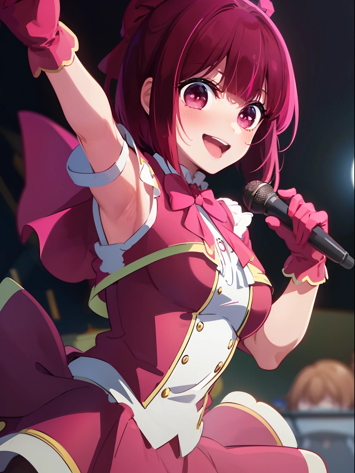 masterpiece、ighly detailed、(1 girl in:1.2)、Red hair、big eye、a closeup、A smile、8K、short-hair、animesque、Shining eyes、(((Red Idol Costume))), ((Red dress)), (((Pink gloves))), dance, sings, brilliance, on a stage,Black hair ornament, stage, A light, striated hair, radiant eyes, medium breasts, gloves, Sing with your mouth open, Bottom Black Skirt