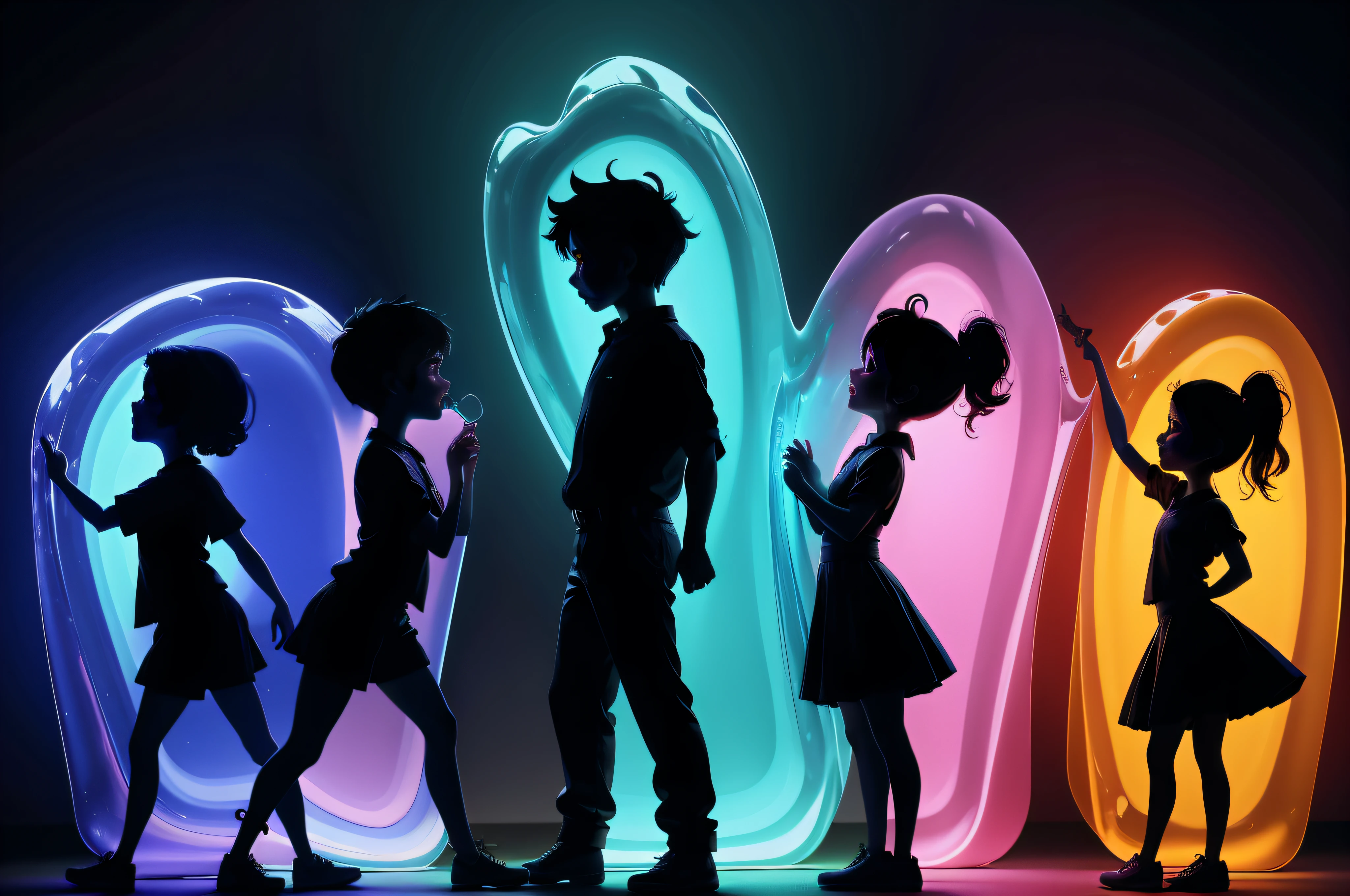 Silhouette . meninos e meninas, brincando ambiente neon divertido, Alegre, animado, felicidade, brincadeira, criatividade, noite, imagination, fantasia, Awesome, emocionante, Cores