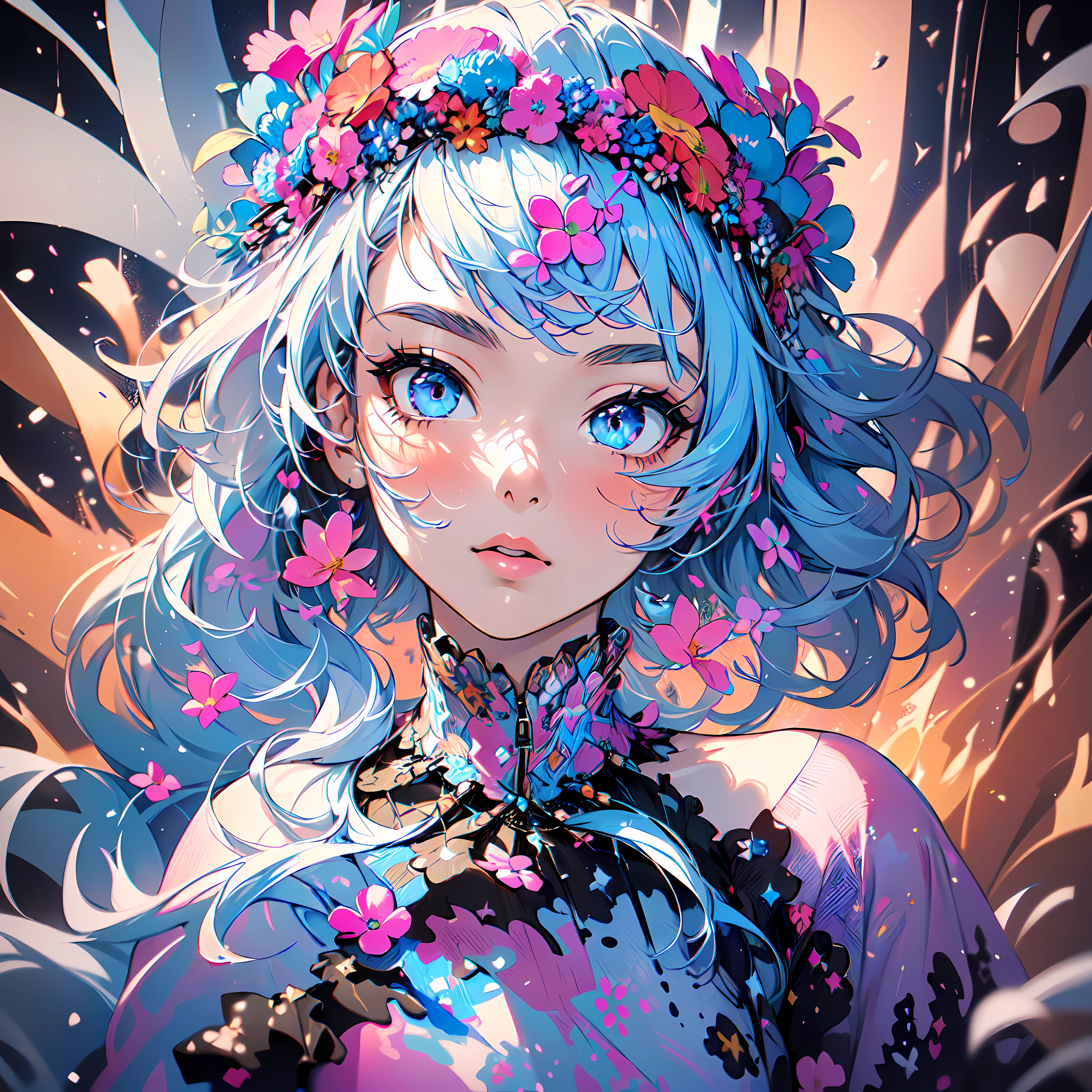 (flowercrown),(1girl in, Solo:1.6),(Best Impact:1.5), (maximalism:1.7),Vivid contrast, (Realistic), hyperrealistic illustrations, hight resolution, ultra-detailliert, absurderes,(Fractal Art:1.3)、Random hairstyle、Random hair color colorful、Iridescent eyes、FULL BODYSHOT、Retro、Precise focus、randome pose、cinema4d、Dramatic