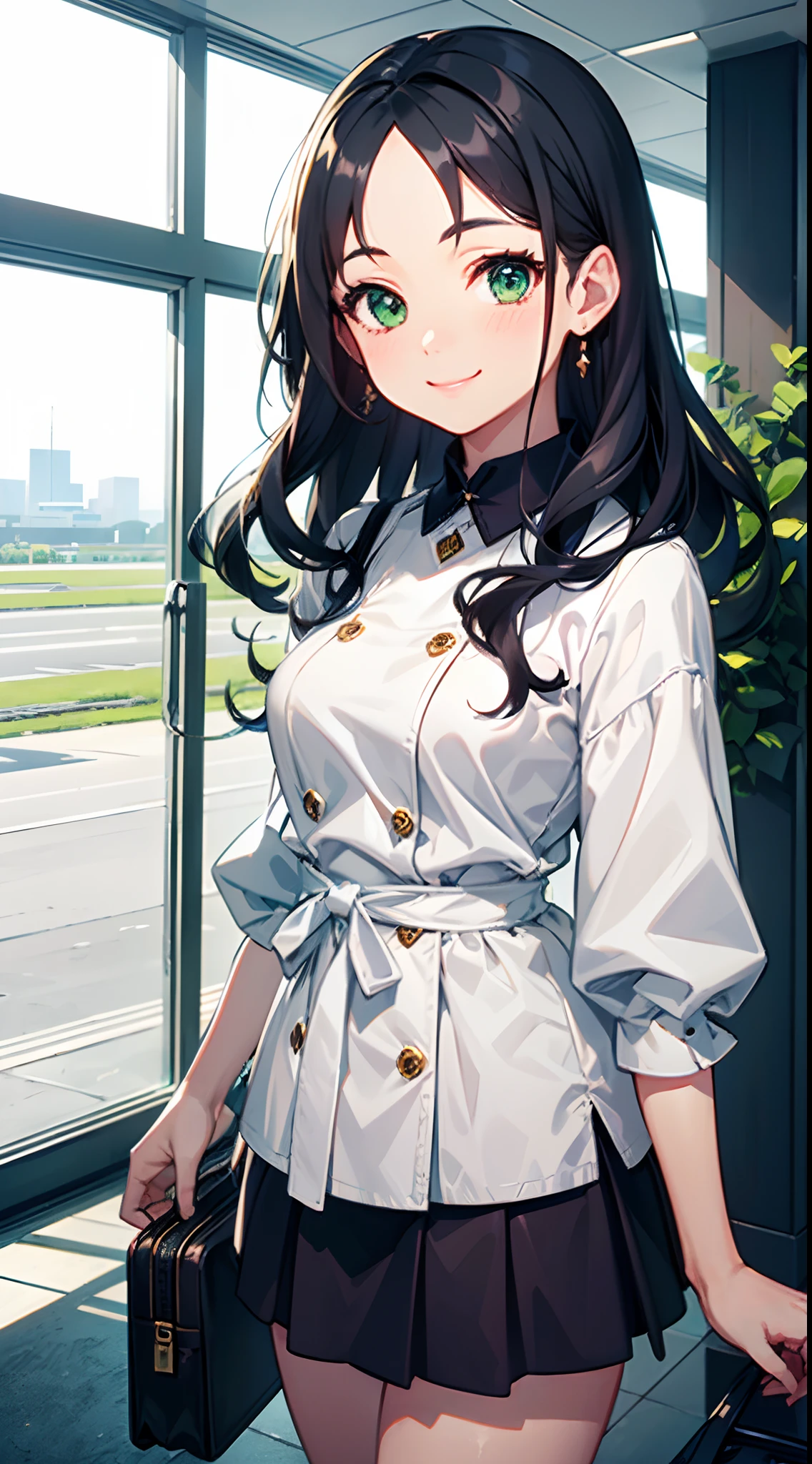 ((Best Quality)), (Ultra-detailed), ((Extremely detailed)), (Beautiful), ((Kawaii Girl)),Medium Hair,Forehead,Dark blue hair,(Wavy Hair),Green eyes,smock blouse,Mini skirt,regular breasts,Smile,Airport lobby,One Woman