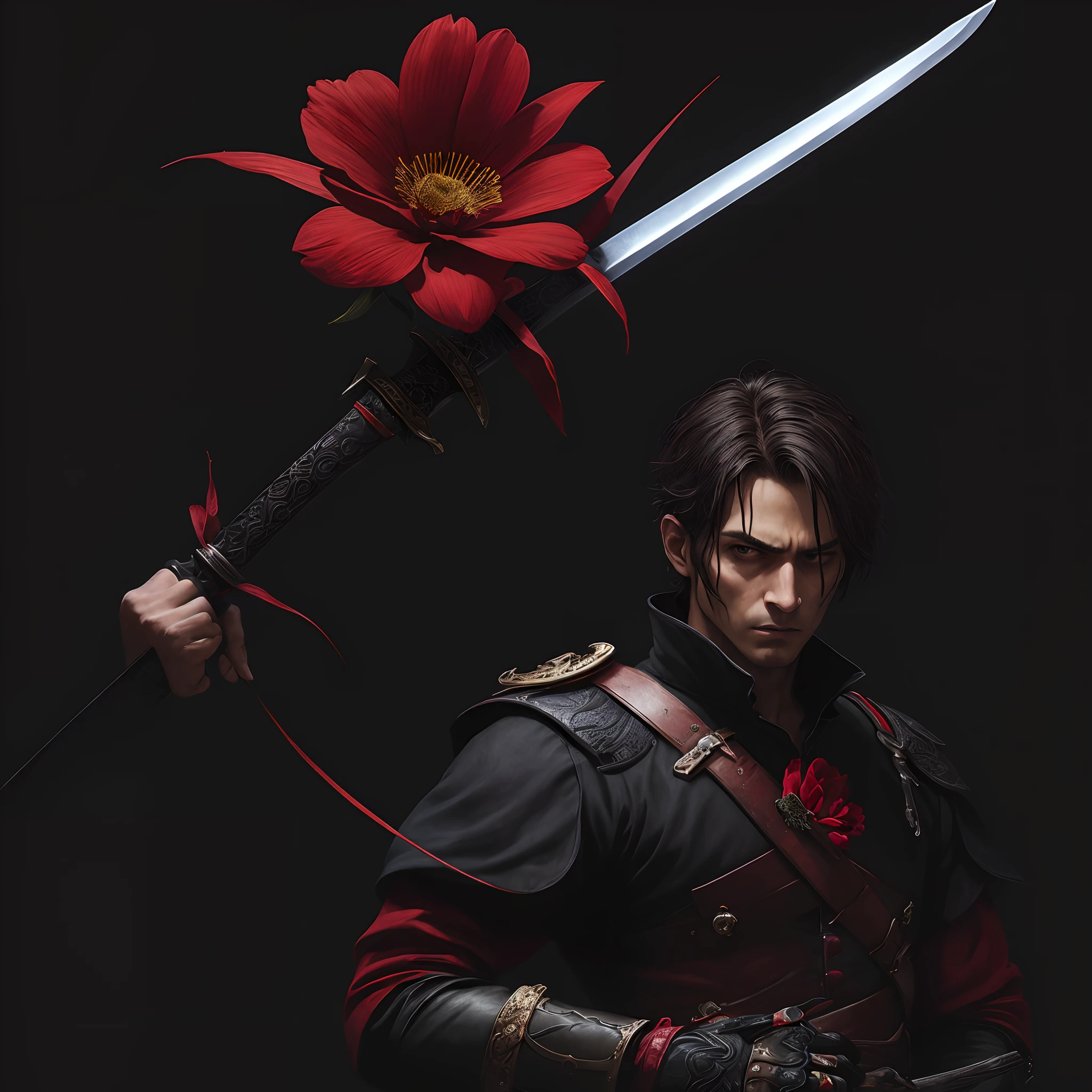 The whole is a black and red color scheme, holding a sword full of cracks, and there is a flower next to him, with a grim expression