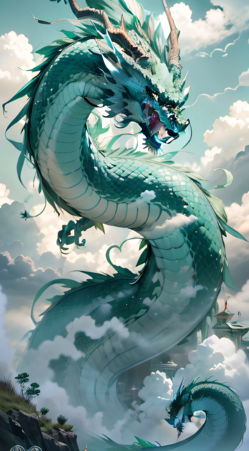1 green Chinese dragon hovering in the clouds,Open mouth,dentes pontiagudos,Shining horns,The scales are clearly visible,Long body,Stout limbs,Below the clouds is the sea