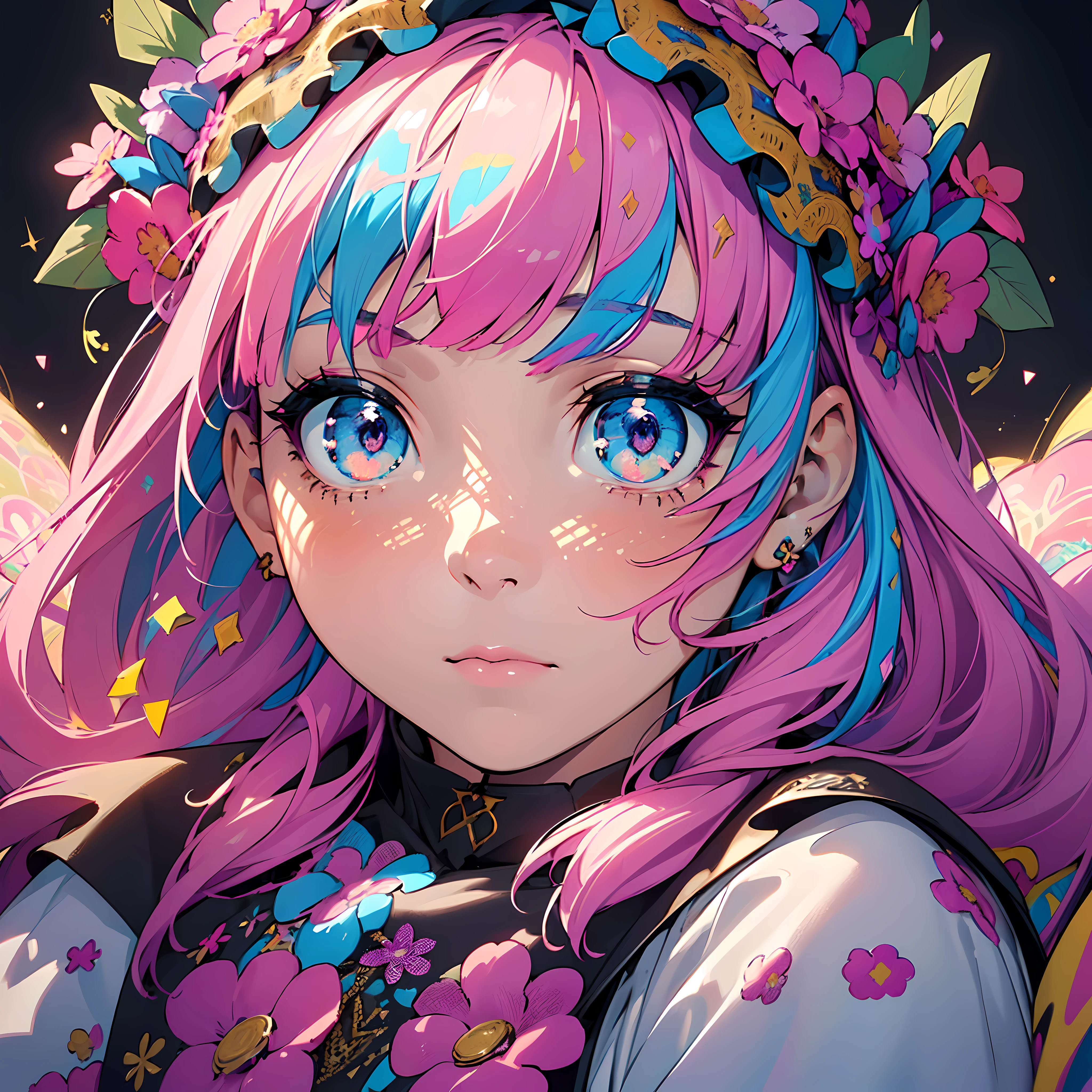 (flowercrown),(1girl in, Solo:1.6),(Best Impact:1.5), (maximalism:1.7),Vivid contrast, (Realistic), hyperrealistic illustrations, hight resolution, ultra-detailliert, absurderes,(Fractal Art:1.3)、Random hairstyle、Random hair color colorful、FULL BODYSHOT、Retro、Precise focus、randome pose、cinema4d、Dramatic