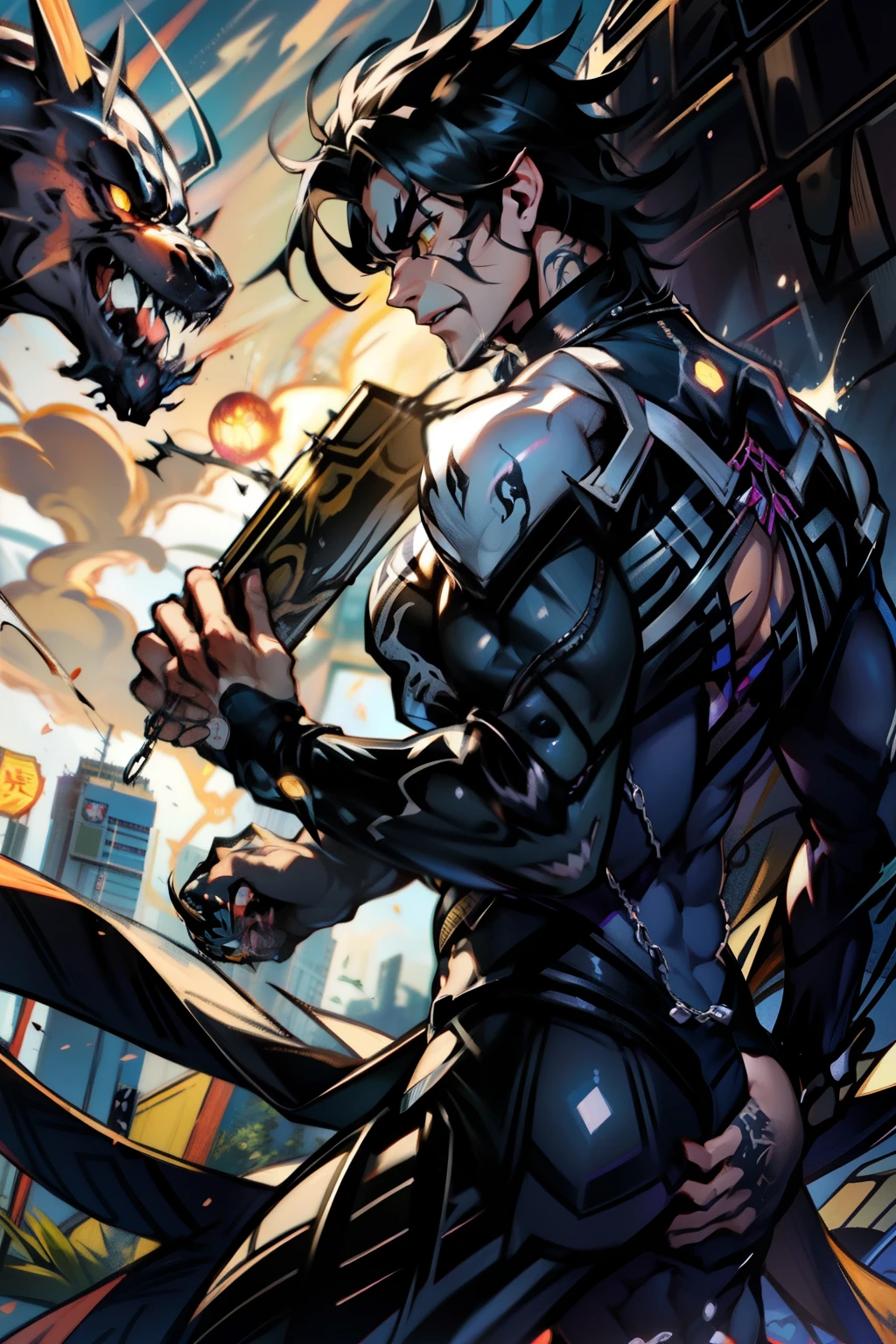 《the original god》Arataki Kazuto , male people, chest muscle, Sexy , Venom symbiote for your body, Black mucus of the body , into venom, venomize,Black bodysuit,(Cloak),Red cape,Abs,(Adult male)((Venom possession,venom symbiote)),over-Tortoise Man,Battle damage,((Masterpiece)), ((Best quality)), Ultra detailed,((illustration)), Dynamic Angle, Detailed light, (Delicate eyes), Floating, 1boy, Male focus, Head, Clothing, Yellow eyes, necklace, tattoo, (Forehead:0.8), (ahoge:0.8), jewelry, brunette color hair,apathy,Ray, chest muscle, Sexy , Venom symbiote for your body, Black mucus of the body , (into venom), Venom,frontage,Bust photo,White tight-fitting top,spiderman outfit,style of anime4 K, 4K anime wallpaper, Badass anime 8 K, 4 k comic wallpaper, young anime man, Anime boys, Anime wallpapers 4 k, Anime wallpaper 4K, High quality anime art style, Anime moe art style, Anime art wallpaper 8 K, Anime art wallpaper 4 K, RGB lighting,