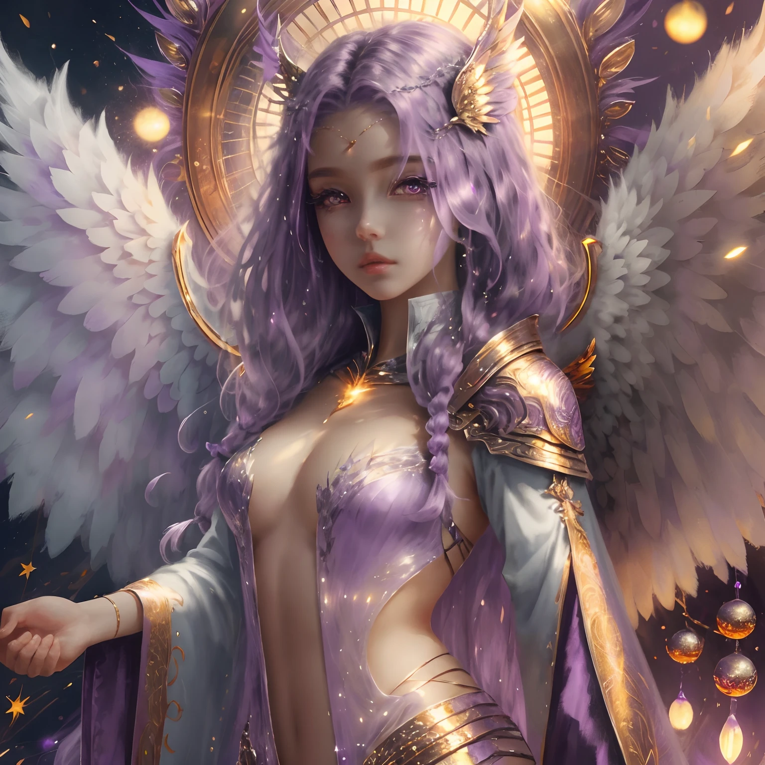 1girl, shimmering pale purple hair, long hair, curls, purple macro eyes, detailed eyes, dark skin, white clothes, archangel, gold ornaments, highlights, angel's city, fantasy, anime