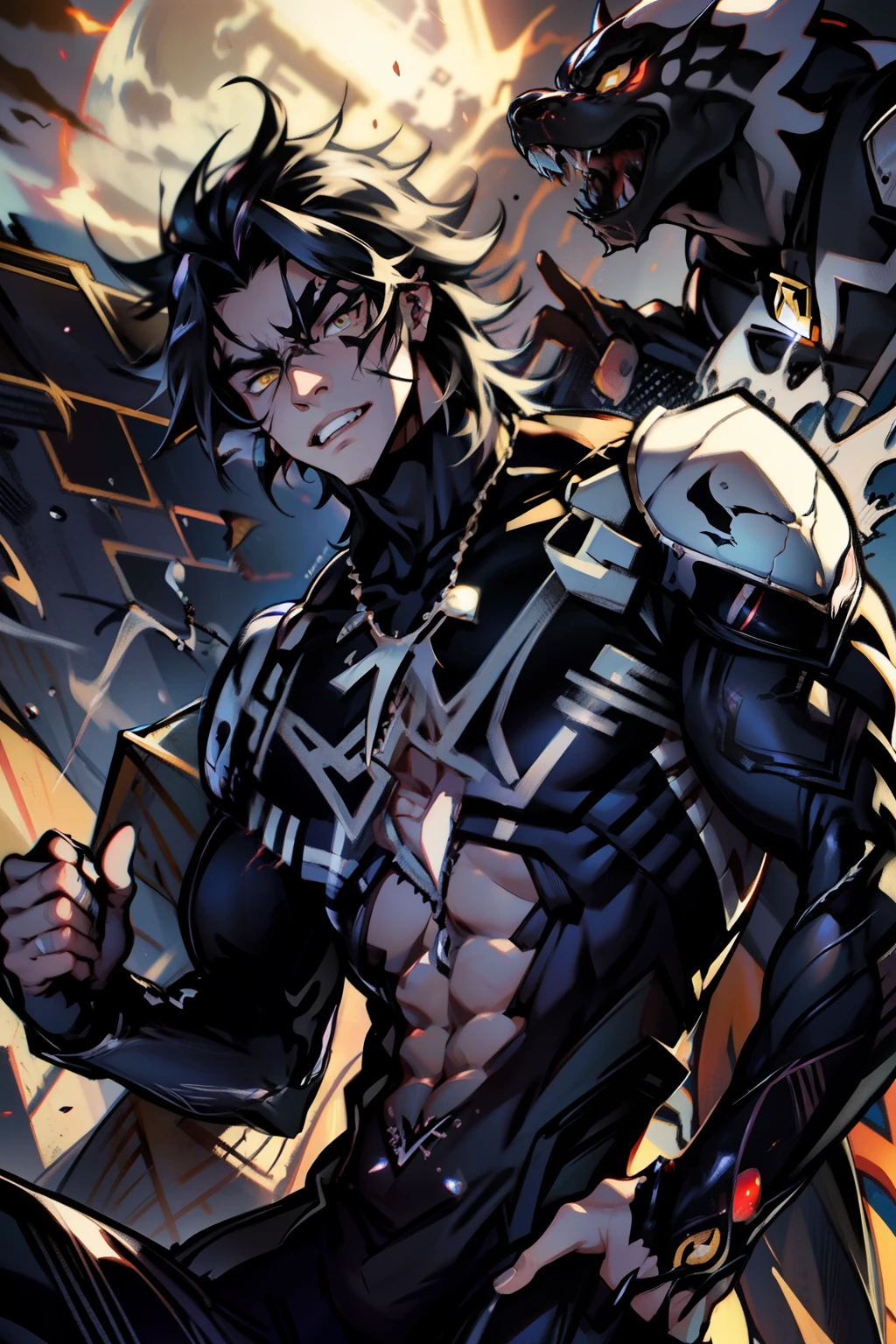 《the original god》Arataki Kazuto , male people， chest muscle， Sexy , Venom symbiote for your body, Black mucus of the body , into venom, venomize，Black bodysuit，（Cloak），Red cape，Abs，（Adult male）（（Venom possession，venom symbiote）），over-Tortoise Man，Battle damage，((Masterpiece)), ((Best quality)), Ultra detailed,((illustration)), Dynamic Angle, Detailed light, (Delicate eyes), Floating, 1boy, Male focus, Head, Clothing, Yellow eyes, necklace, tattoo, (Forehead:0.8), (ahoge:0.8), jewelry, brunette color hair,apathy，Ray， chest muscle， Sexy , Venom symbiote for your body, Black mucus of the body , （into venom）, Venom，frontage，Bust photo，White tight-fitting top，spiderman outfit，style of anime4 K， 4K anime wallpaper， Badass anime 8 K， 4 k comic wallpaper， young anime man， Anime boys， Anime wallpapers 4 k， Anime wallpaper 4K， High quality anime art style， Anime moe art style， Anime art wallpaper 8 K， Anime art wallpaper 4 K， RGB lighting，