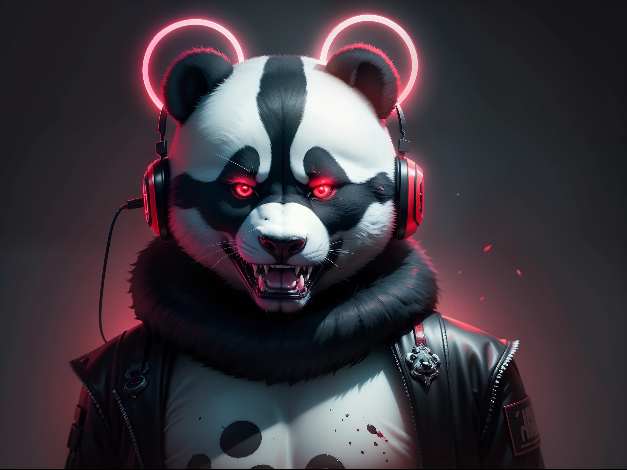 Animal panda neon red insane demonic horror with 8k headset
