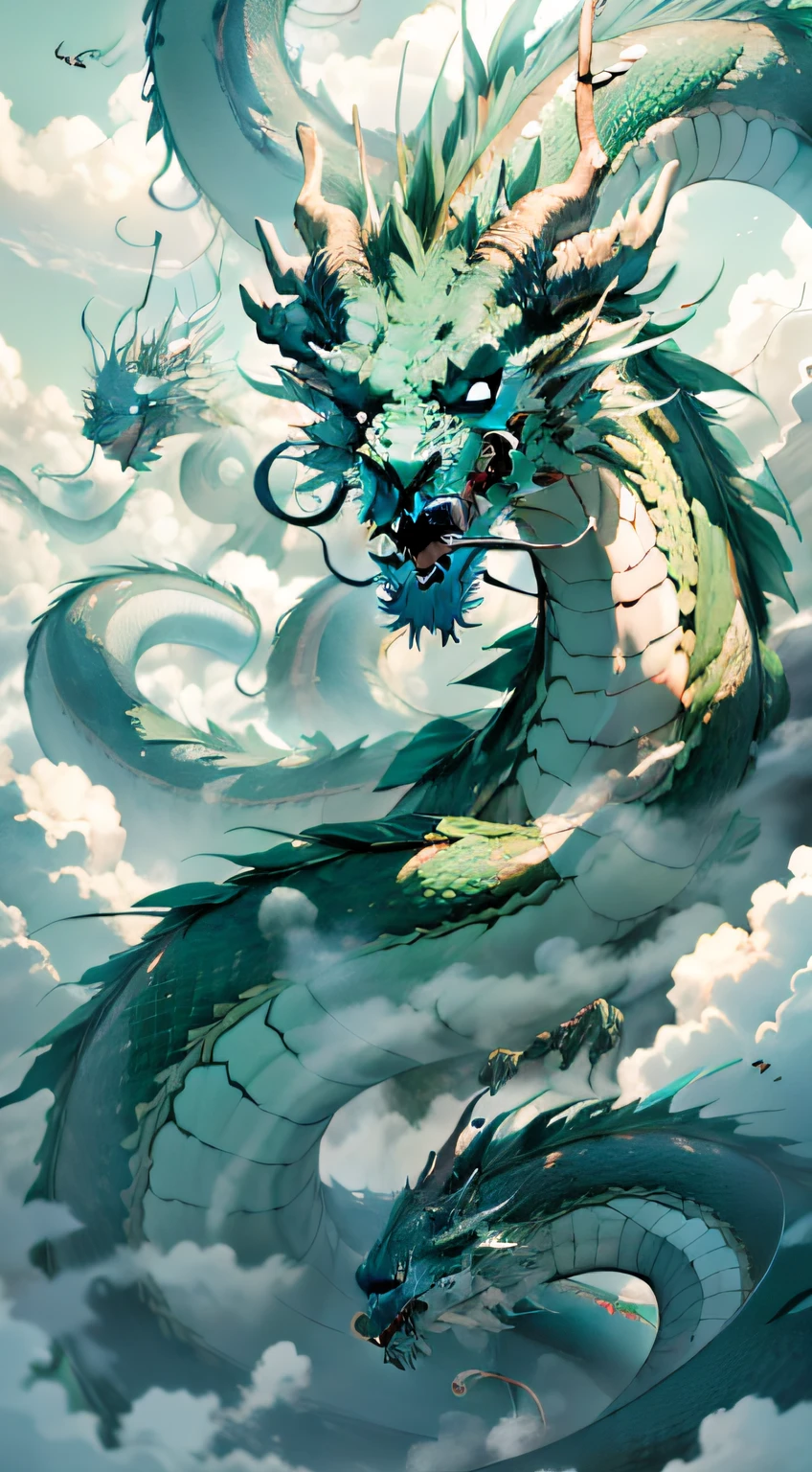 1 green Chinese dragon hovering in the clouds,Open mouth,dentes pontiagudos,Shining horns,The scales are clearly visible,Long body,Stout limbs,Below the clouds is the sea