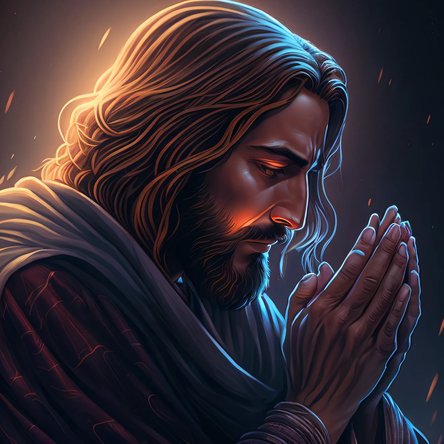 uma pintura de um homem de cabelos longos e barba rezando, bible illustration, Jesus Cristo, pintura digital detalhada, 8k arte detalhada de alta qualidade, iluminçao ,Retrato de Jesus Cristo, HQ 4K papel de parede do telefone, O Senhor e Salvador, Arte digital detalhada em 4k, Dan Mumford. 8K octane rendering, kneeling in prayer, arte de fundo, praying