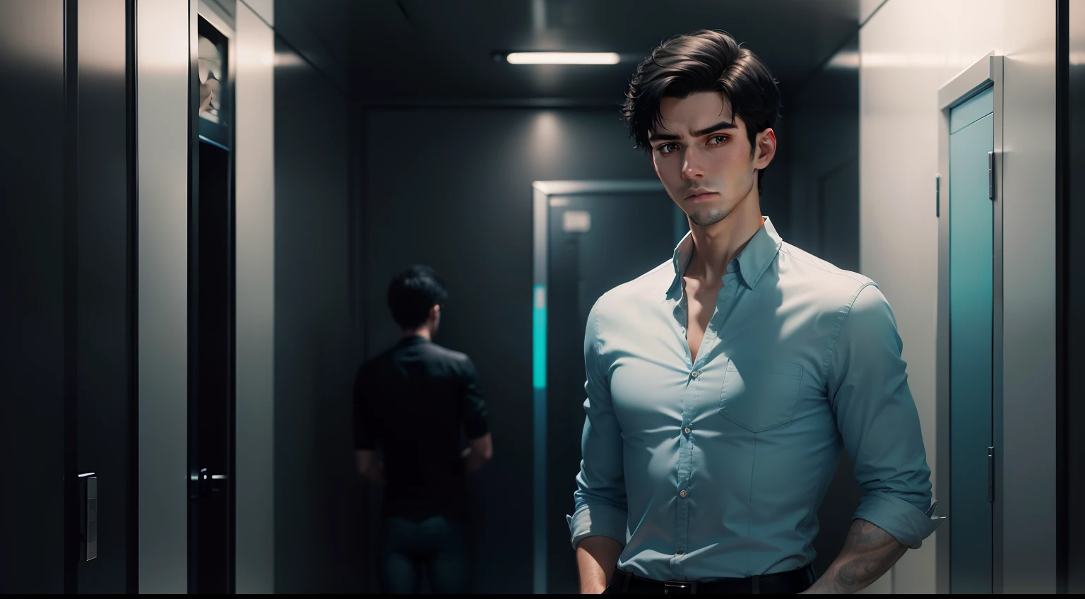 Ultra-realistic 8k image of a slim 25-year-old man, short black hair, dressed in a light blue blouse and jeans, apprehensive expression, standing inside an elevator with open doors